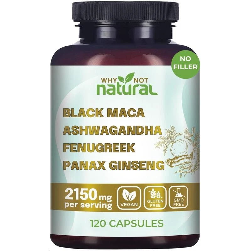 Why Not Natural 4-in-1 60 Caps Organic Black Maca Root, Ashwagandha, Fenugreek,