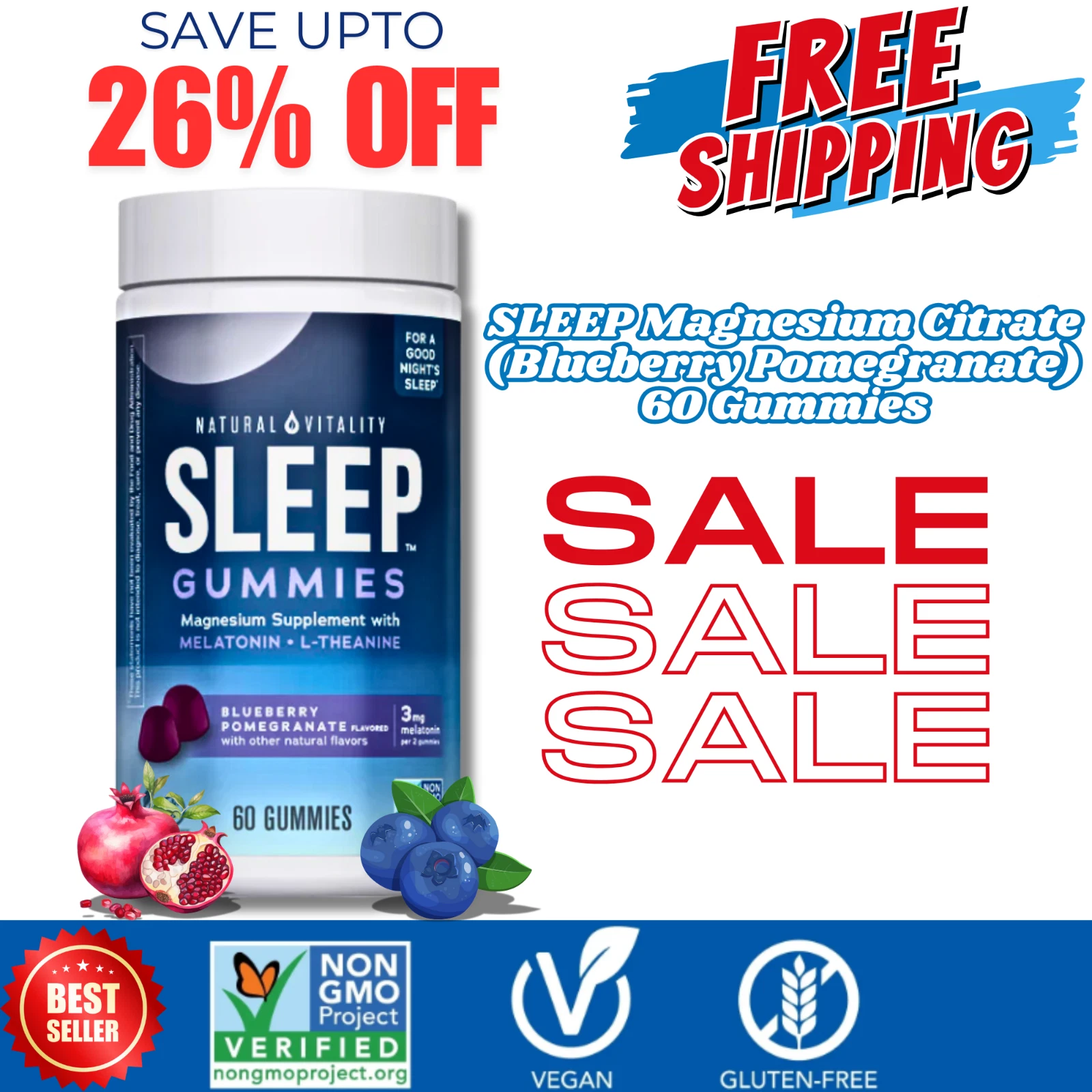 Natural Vitality CALM SLEEP Magnesium Citrate (Blueberry Pomegranate), 60 Gummie