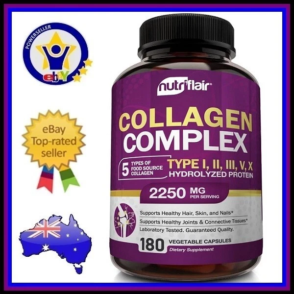 NUTRIFLAIR COLLAGEN COMPLEX 2250mg Type I, II, III, V, X Hair Skin Nails 180 Cap