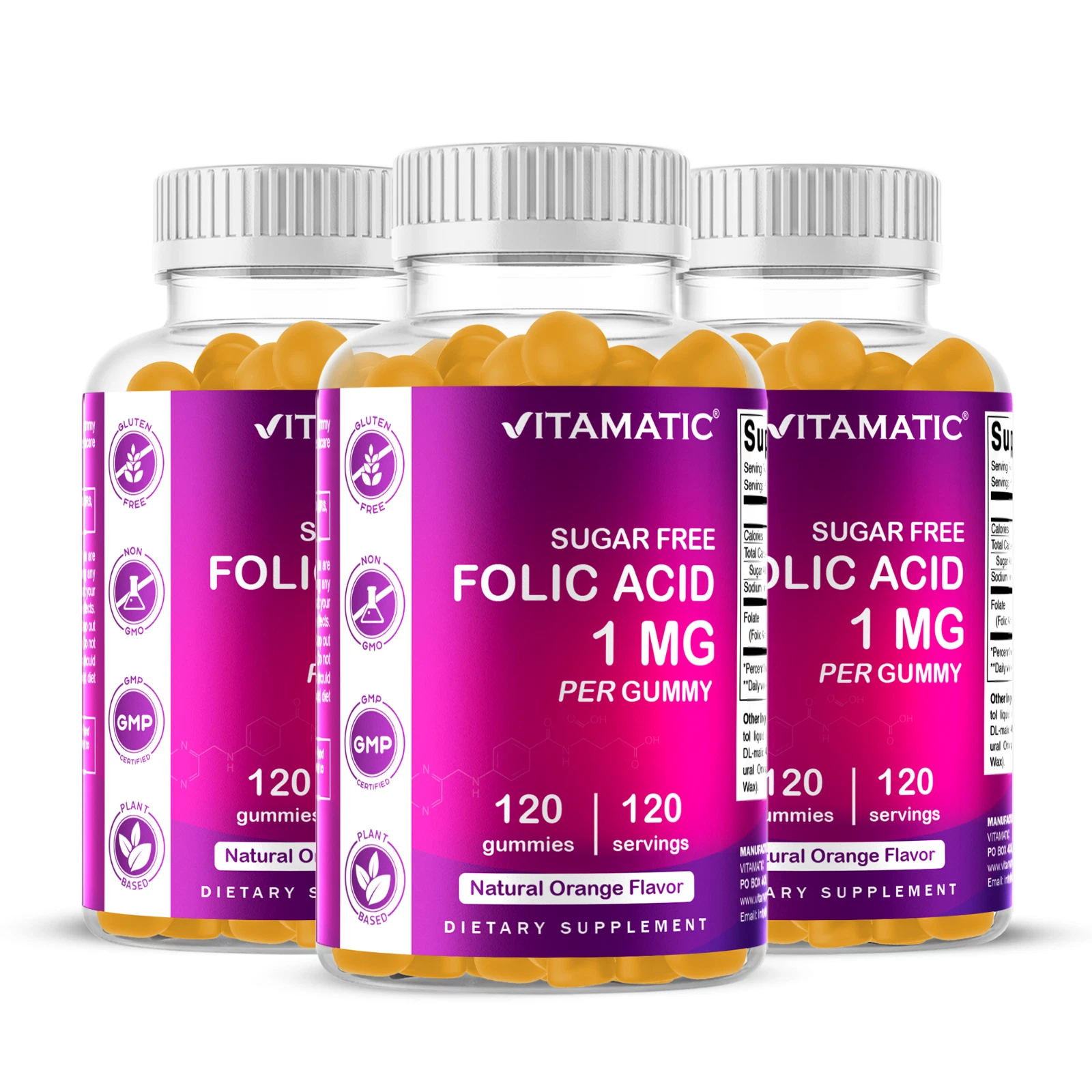 3- Pack Vitamatic Folic Acid Gummies 1000 mcg Vitamin B9 - 120 Vegan Gummies