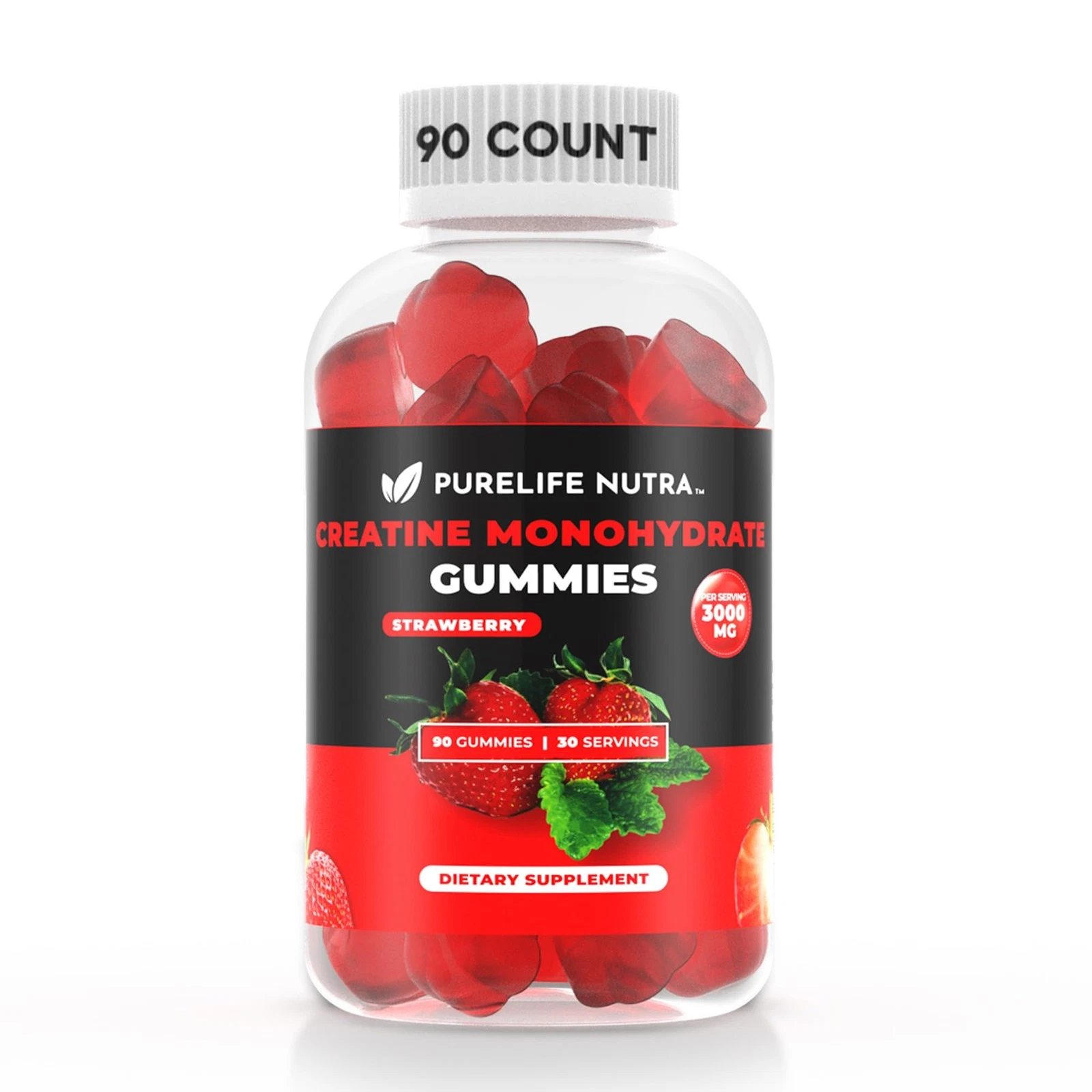 Creatine Monohydrate Gummies - 3g serving, Sugar free, 90 Count, Strawberry