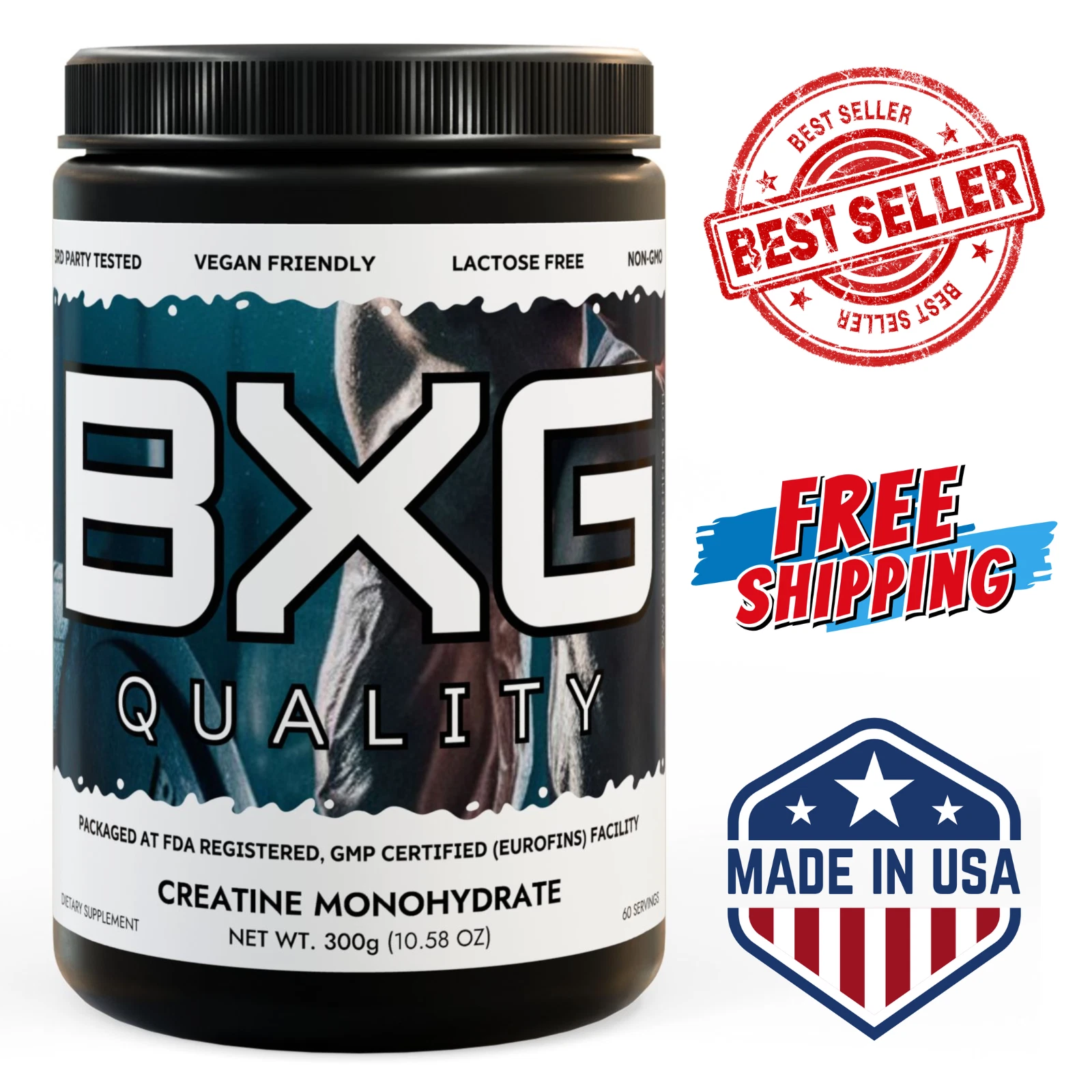 Creatine Monohydrate Supplement 300g (10.58oz) Non-GMO, Gluten-Free, Made in USA