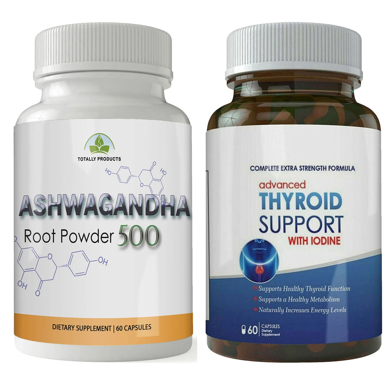 Ashwagandha Raíz Polvo Tapas Soporte Tiroideo con Yodo Tapas para Pérdida de Peso Paquete de 2