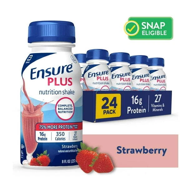 Ensure Plus Nutrition Shake, Strawberry, 8 fl oz, 24 Pack