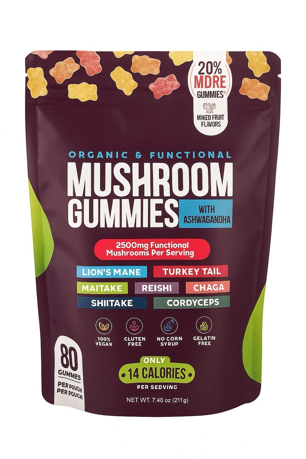 Organic Mushroom Gummies with Ashwagandha-Nutritional Supplement- 80 gummies