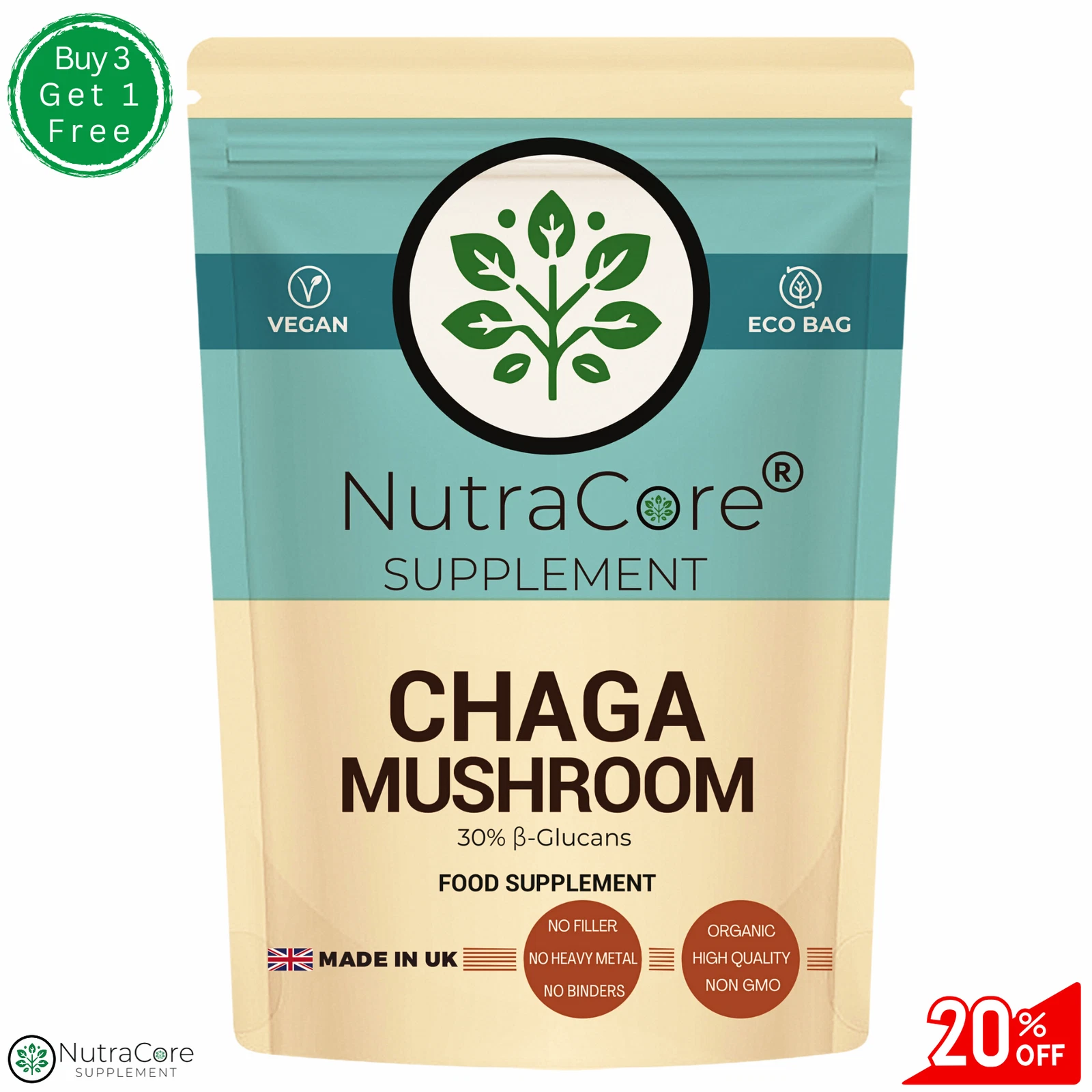 Chaga Mushroom Extract Capsules 3000mg (200mg Polysaccharides) 100%Vegan-90Caps