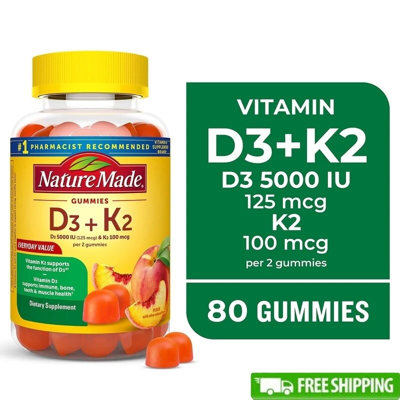 Vitamin D3 K2 Gummies 5000 IU Immune Bone Muscle Support Gluten Free 80 Count US