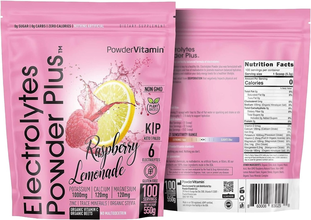 PowderVitamin Electrolytes Powder Plus [Raspberry Lemonade] 100 servings