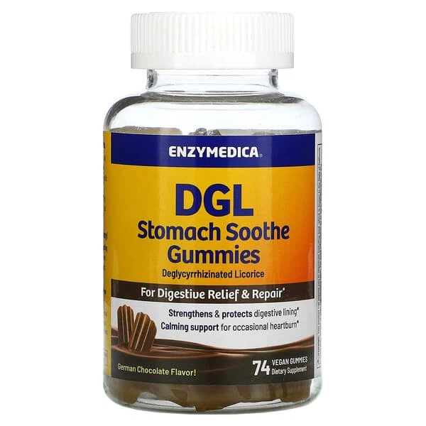 2 X Enzymedica, DGL Stomach Soothe Gummies, German Chocolate, 74 Vegan Gummies