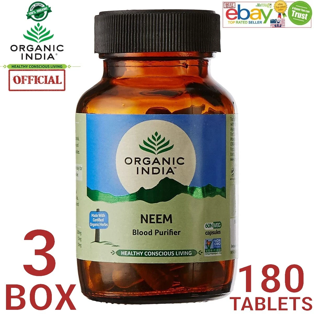 Organic India Neem USA OFFICIAL 3 BOX 180 Capsules Care Immunity Skin