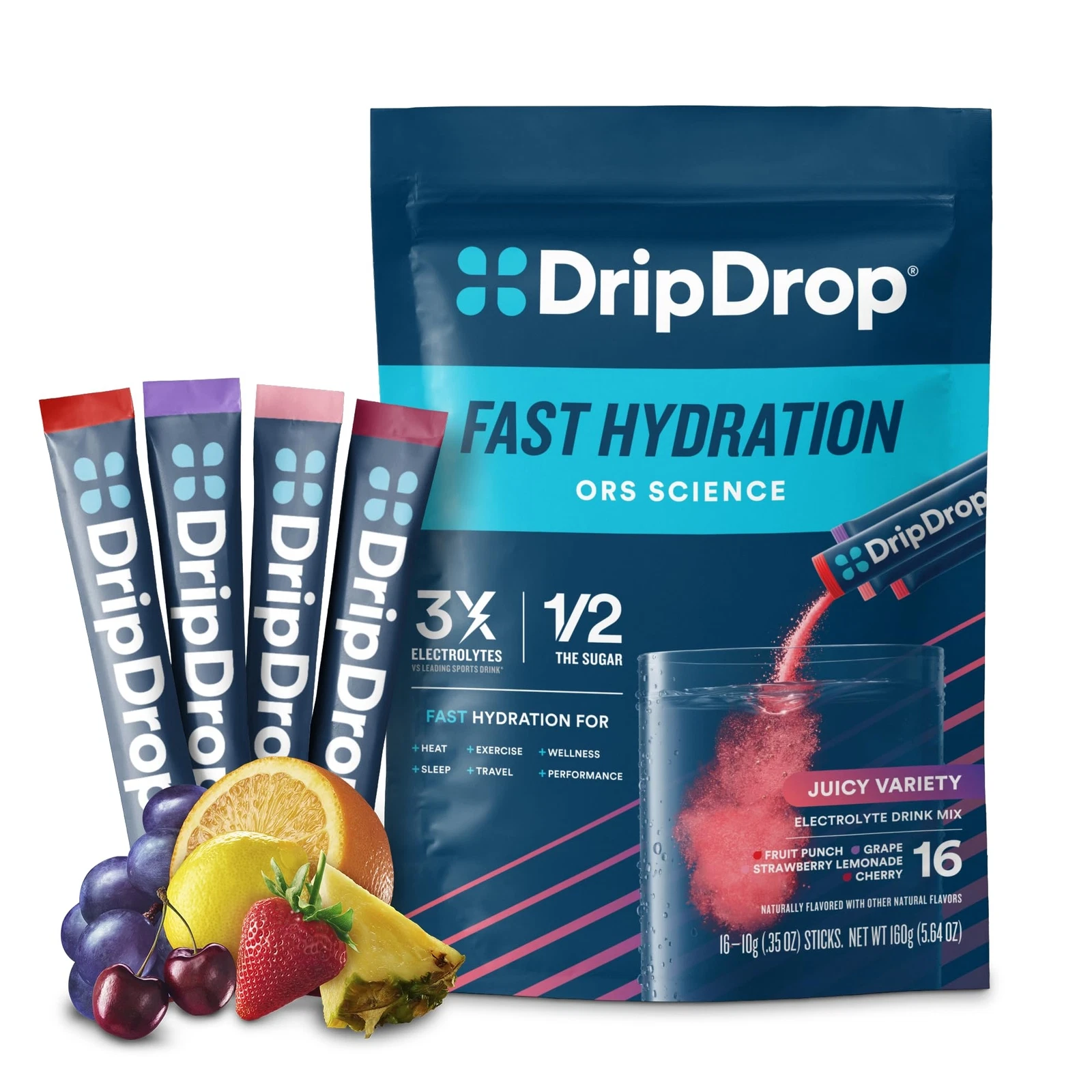 DripDrop Hydration Packets - Juicy Variety Pack - Single Serve Electrolytes P...
