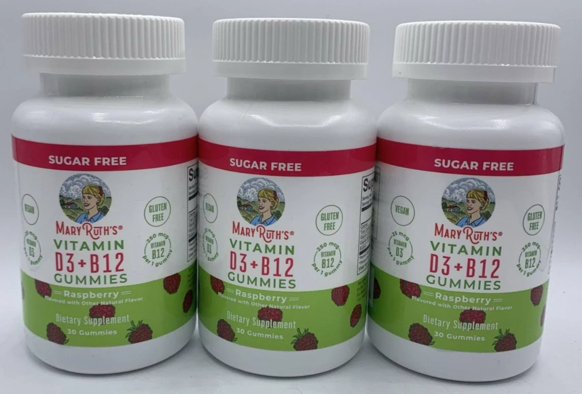 3PK Mary Ruth's Vitamin D3 + B12 ~ 30 Gummies Each ~ Raspberry ~ EXP 2/26