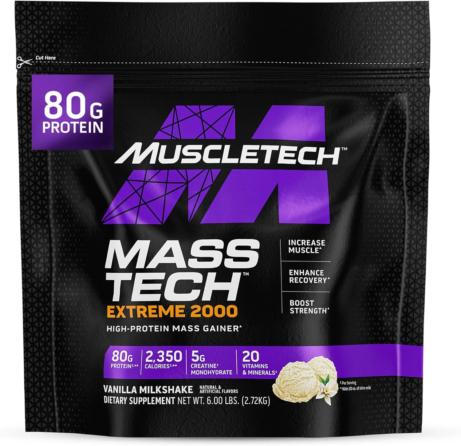 High-Protein Mass Gainer (Vanilla Milkshake, 6LB) - Mass Tech Extreme 2000 Mass