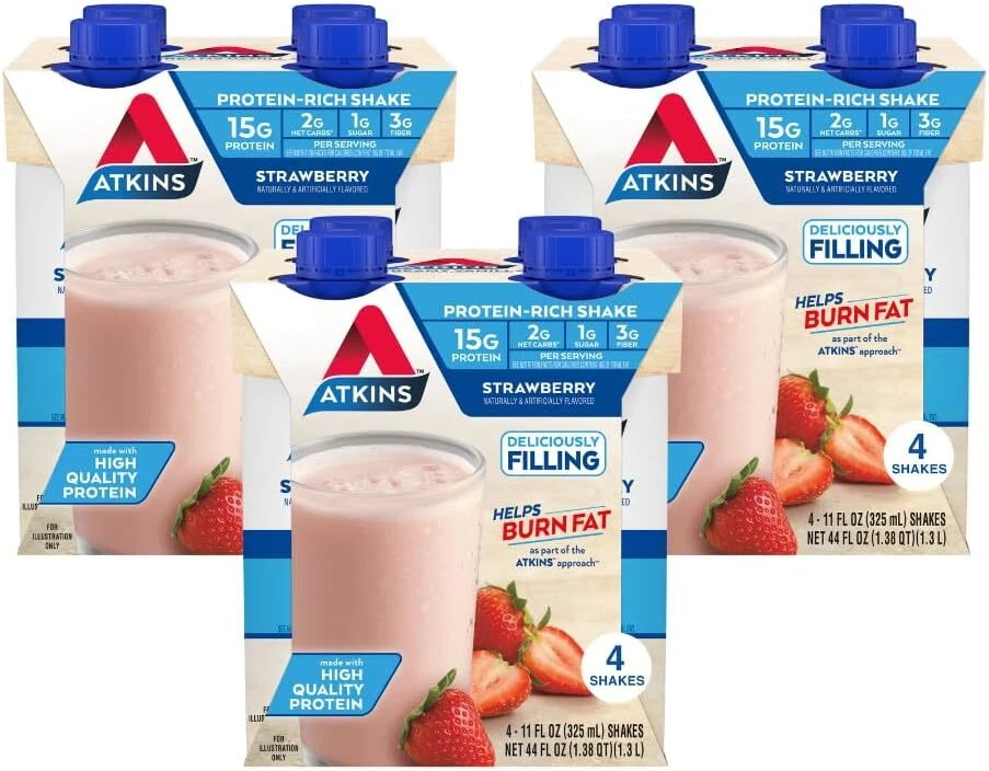 (12 Pack) Atkins Strawberry Protein Nutrition Shake, Helps Burn Fat, 11 Fl Oz