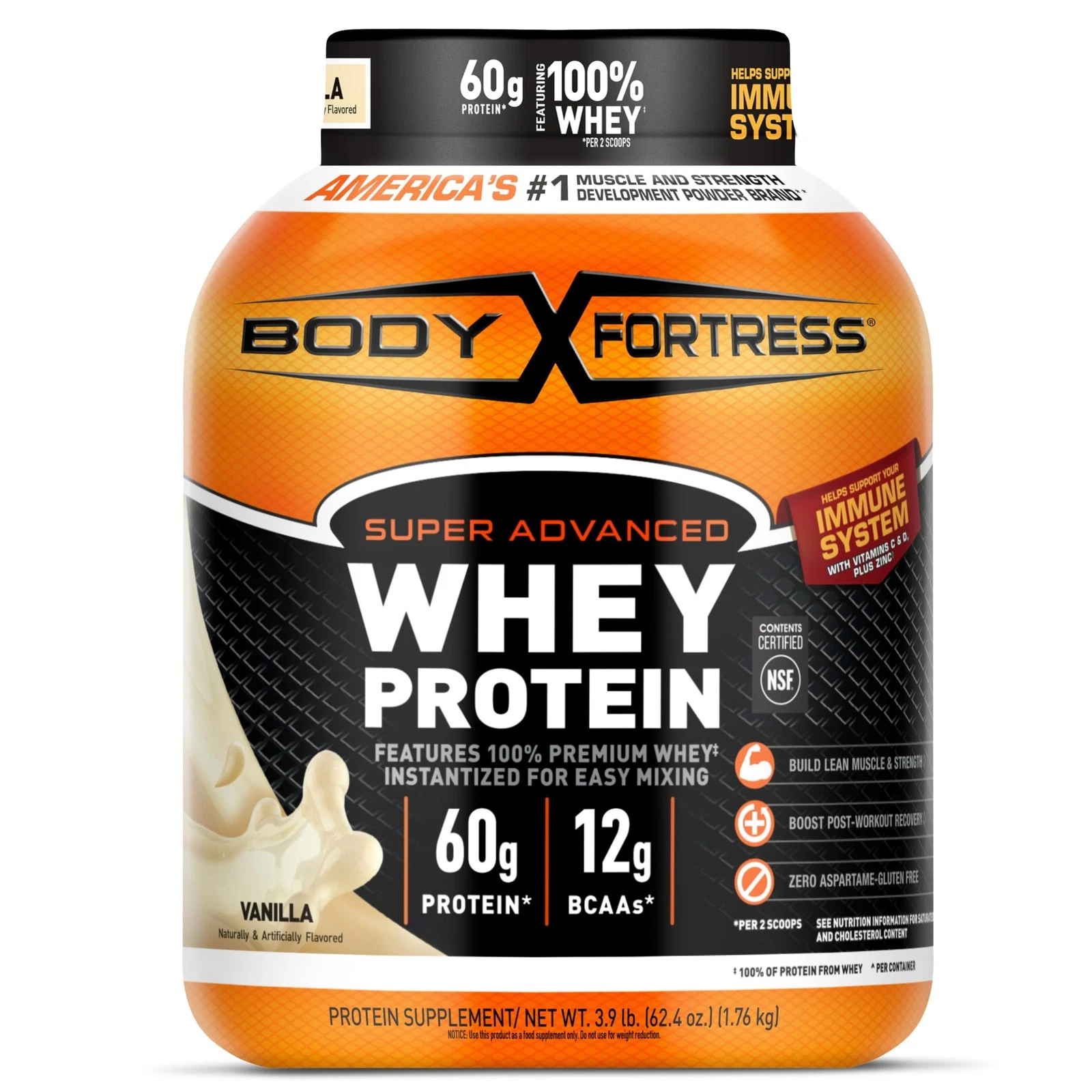 Body Fortress Whey Protein Powder Vanilla Immune Support Vitamins CD 3.9 lbs