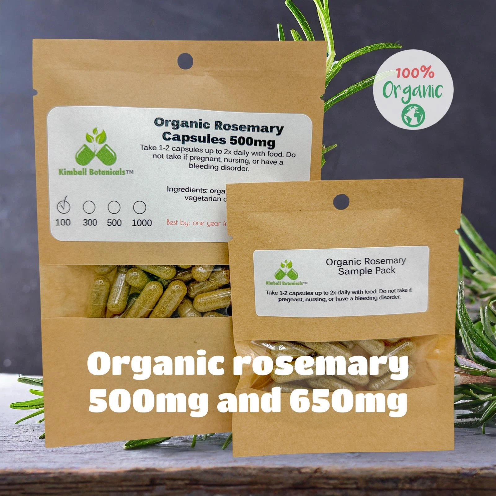 Certified Organic Rosemary (Rosmarinus officinali) 500mg and 650mg vegetarian