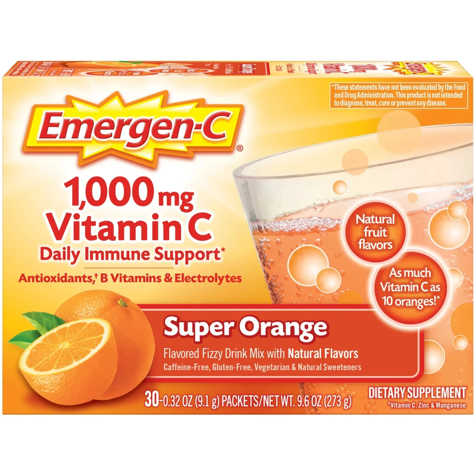 Emergen-C 1000Mg Vitamin C Powder for Immune Support Super Orange 30 Ct