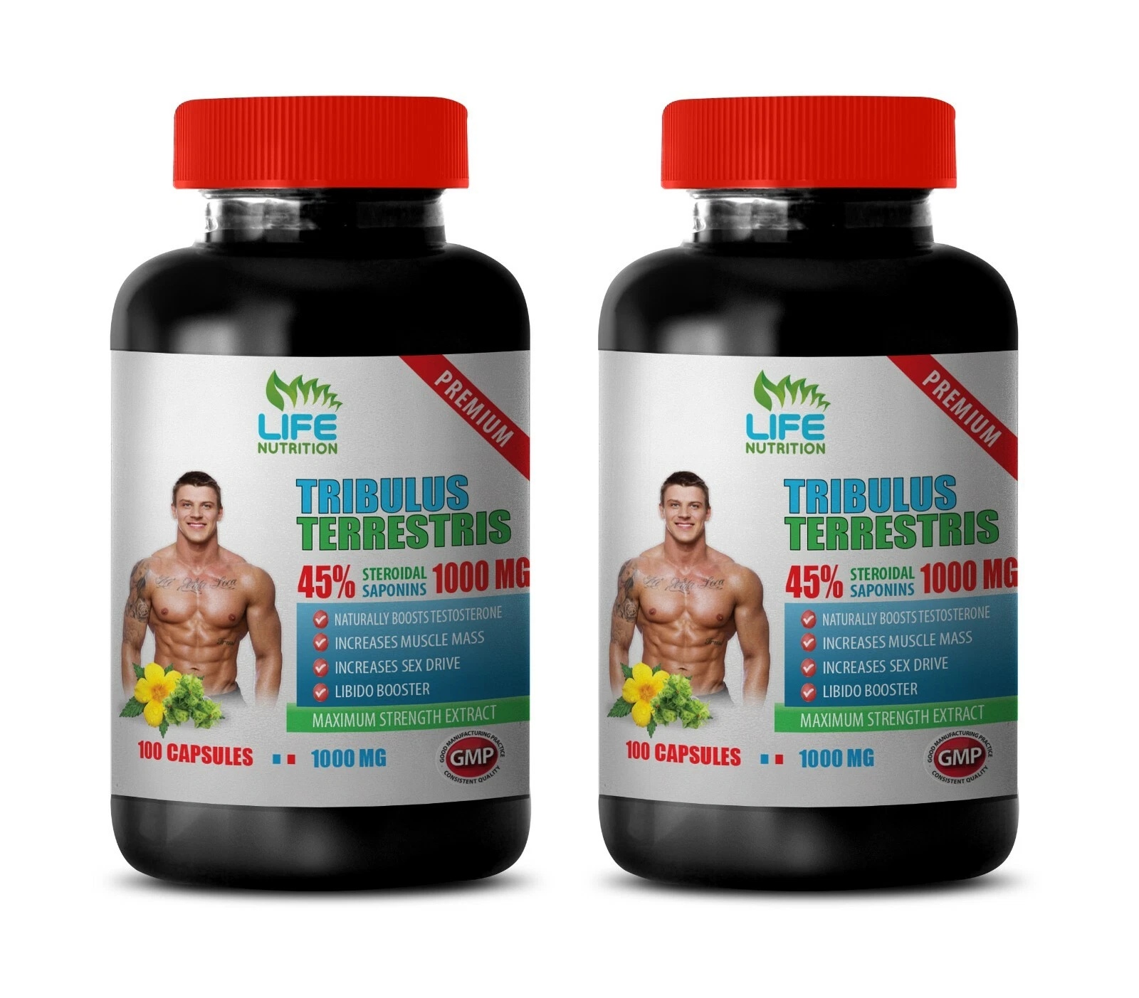 BODY MUSCLE BOOSTER - TRIBULUS TERRESTRIS 45% Premium Quality 2 Bottles 200 Caps