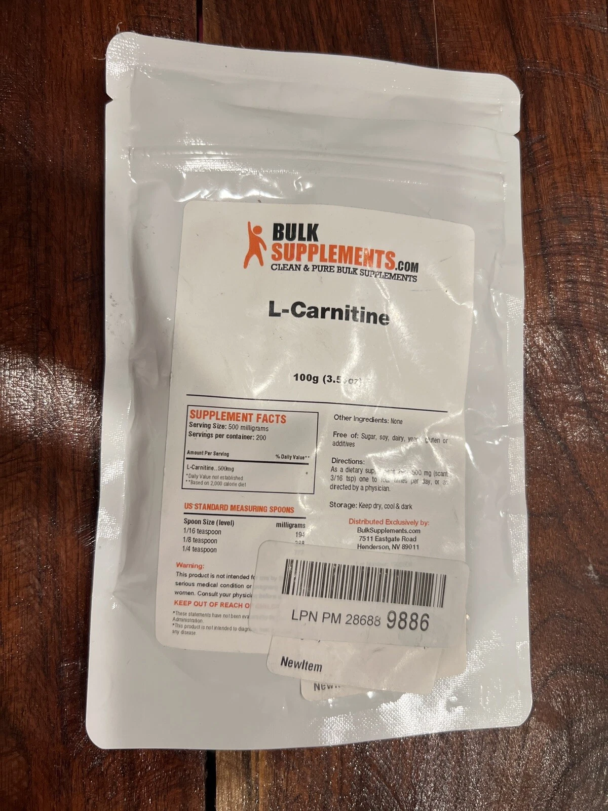 BulkSupplements L-Carnitine HCl Powder 100g - 500 mg Per Serving- M
