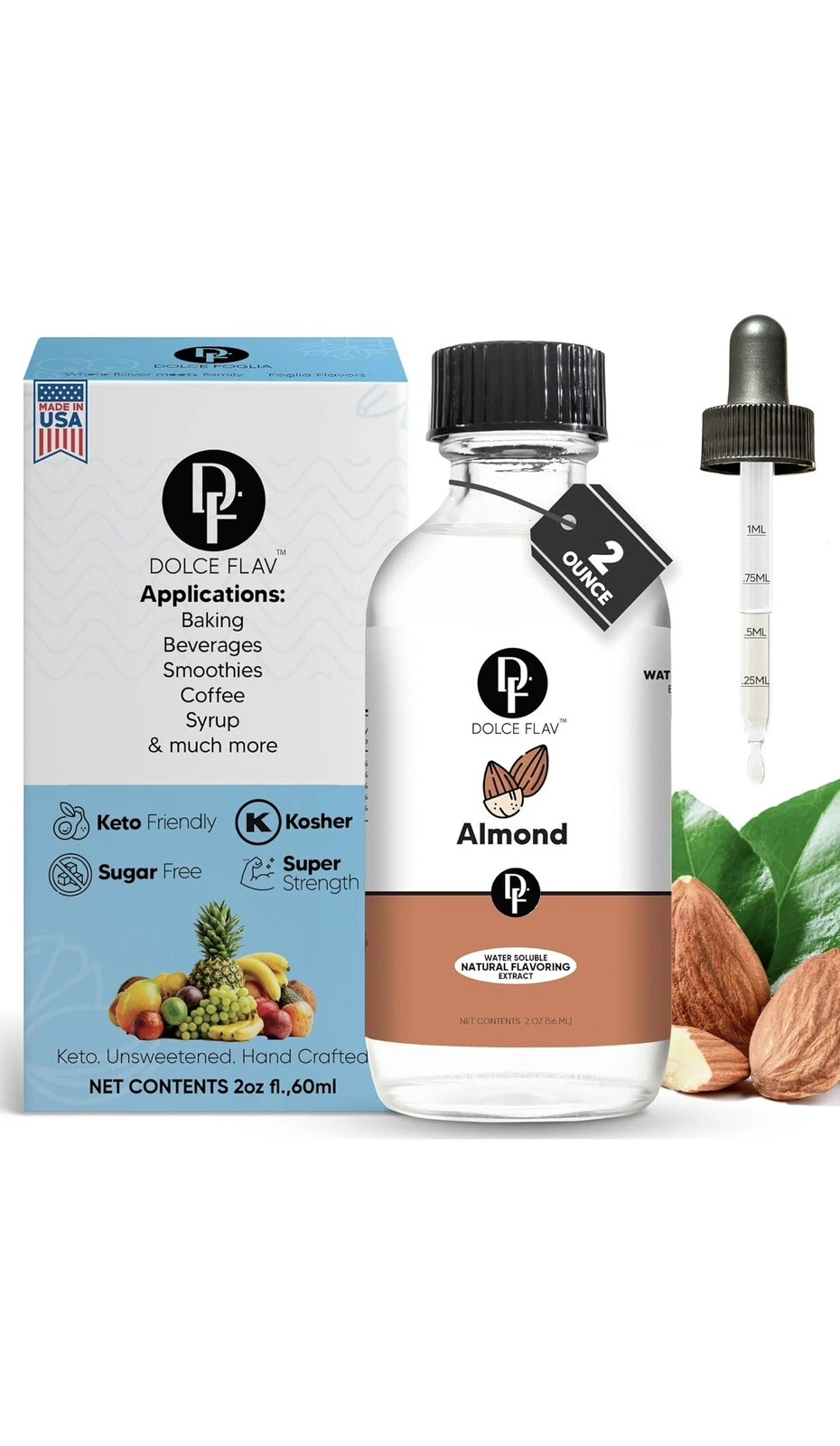 Almond Extract Water-Soluble, Sugar-Free, Zero Calories Baking Addin 2oz FL 60ml