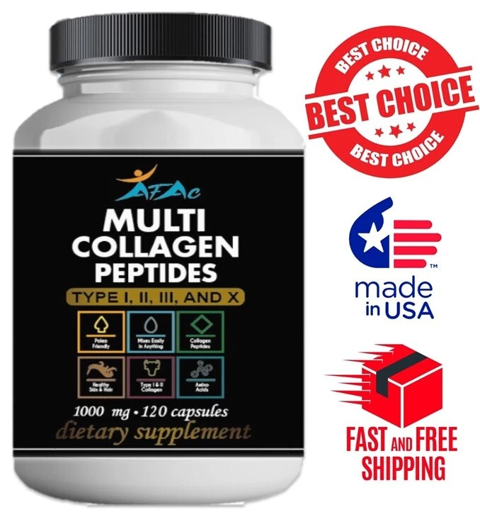 Multi Collagen Peptide protein 120 Caps 100o mg Type I,II,III,X Anti-Aging keto