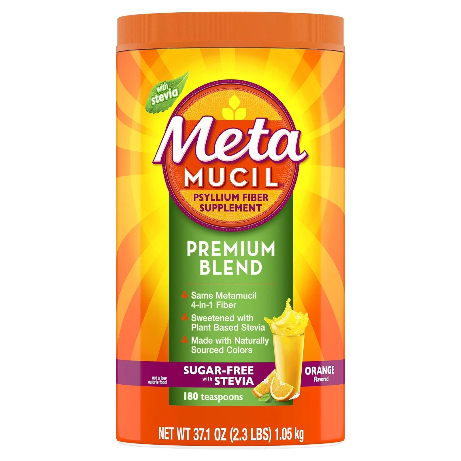 :.Metamucil Premium Blend Sugar-Free with Stevia - Orange Flavor 🍊 180 tsp.: