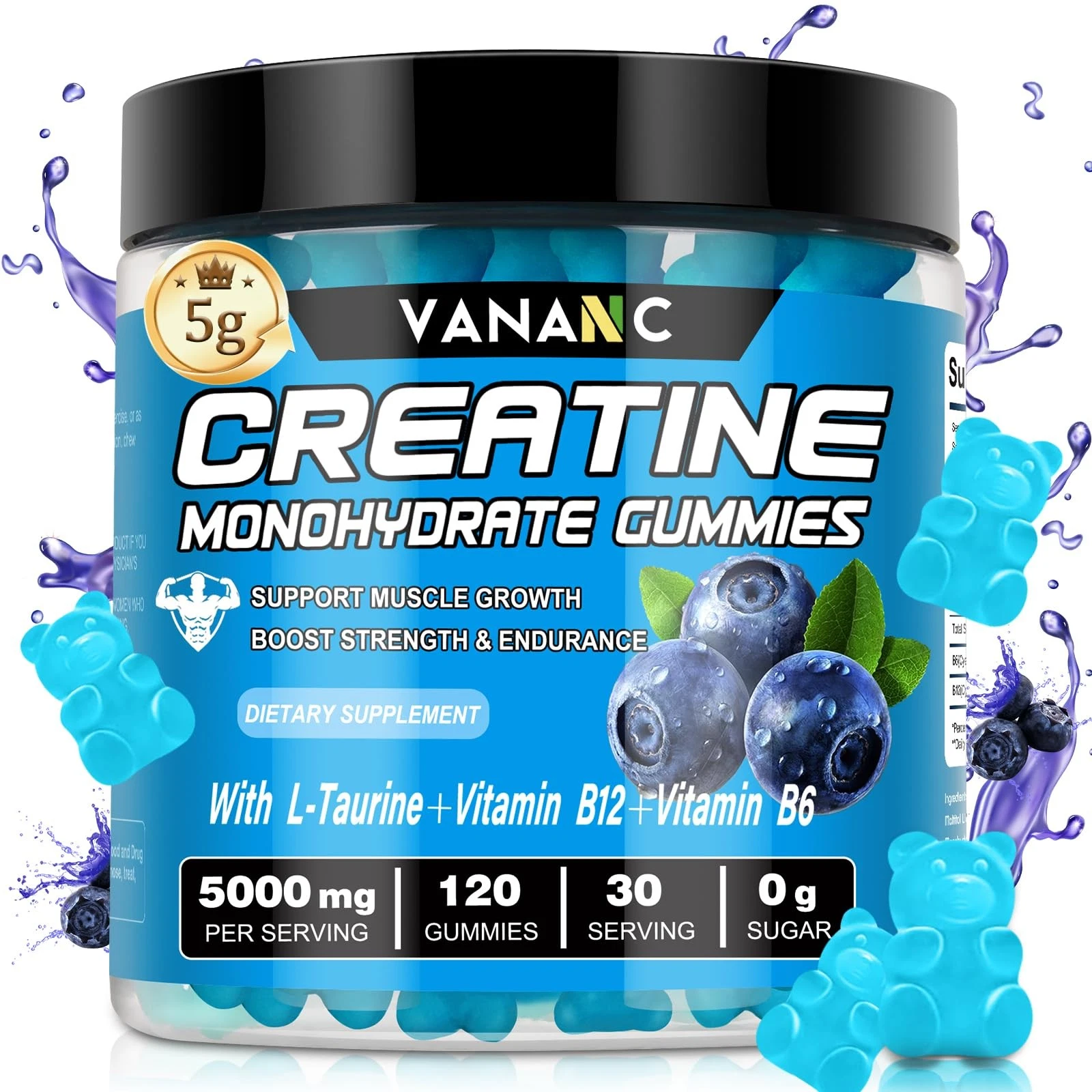 Creatine Monohydrate Gummies 5g for Men & Women,120 Sugar-Free Chews Pre Workout