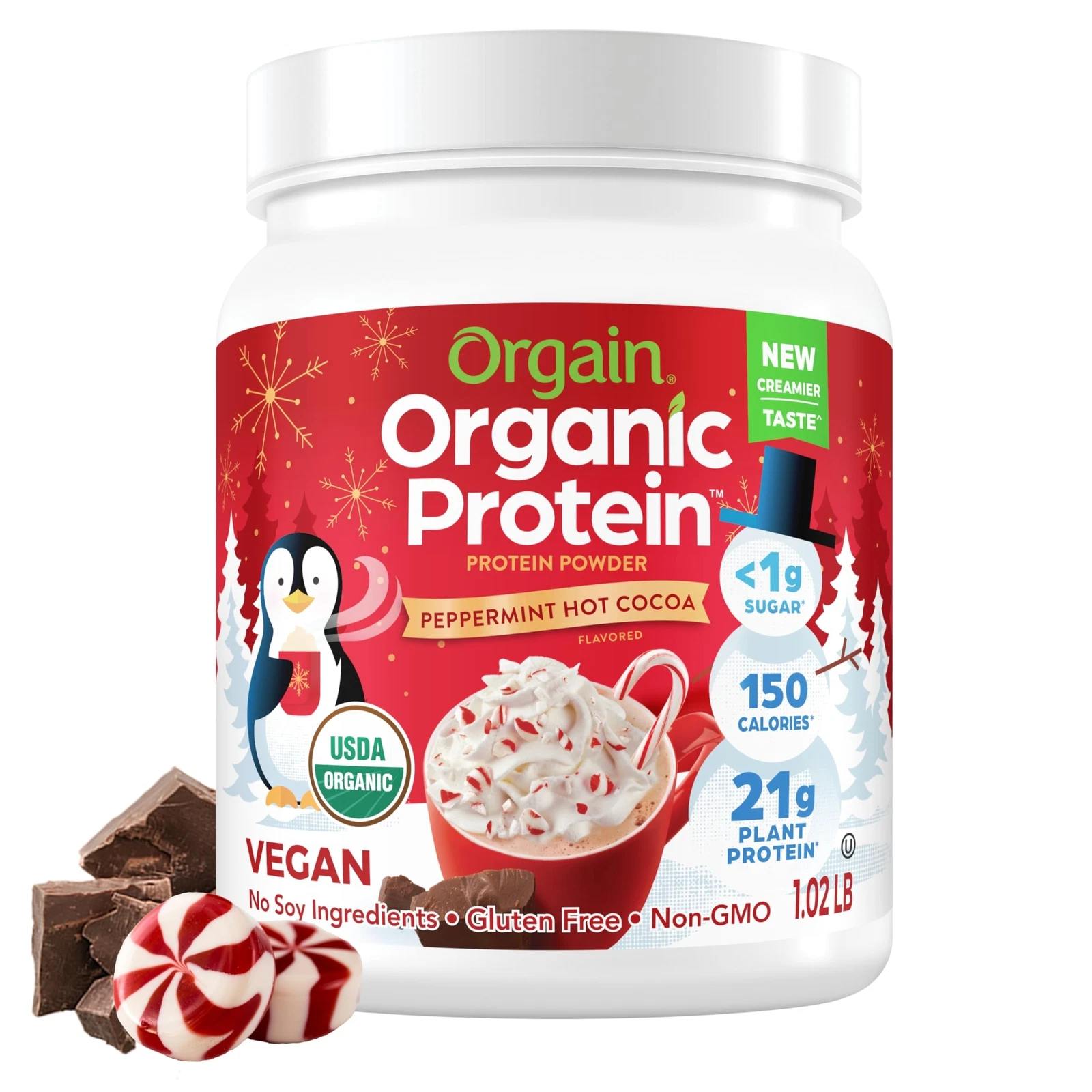 Orgain Organic Peppermint Hot Cocoa Protein Powder 10 Servings 21g Plant Based