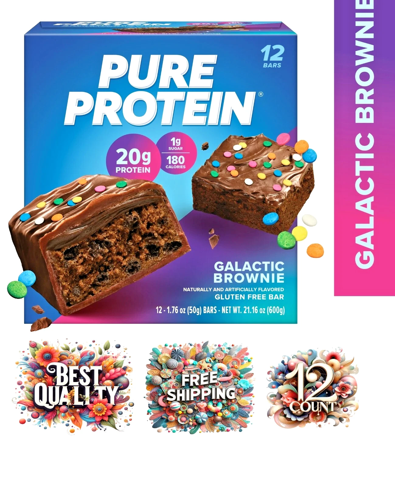 Pure Protein Bars Galactic Brownie 12 Ct – 20g Protein Gluten-Free 1.76 oz Each