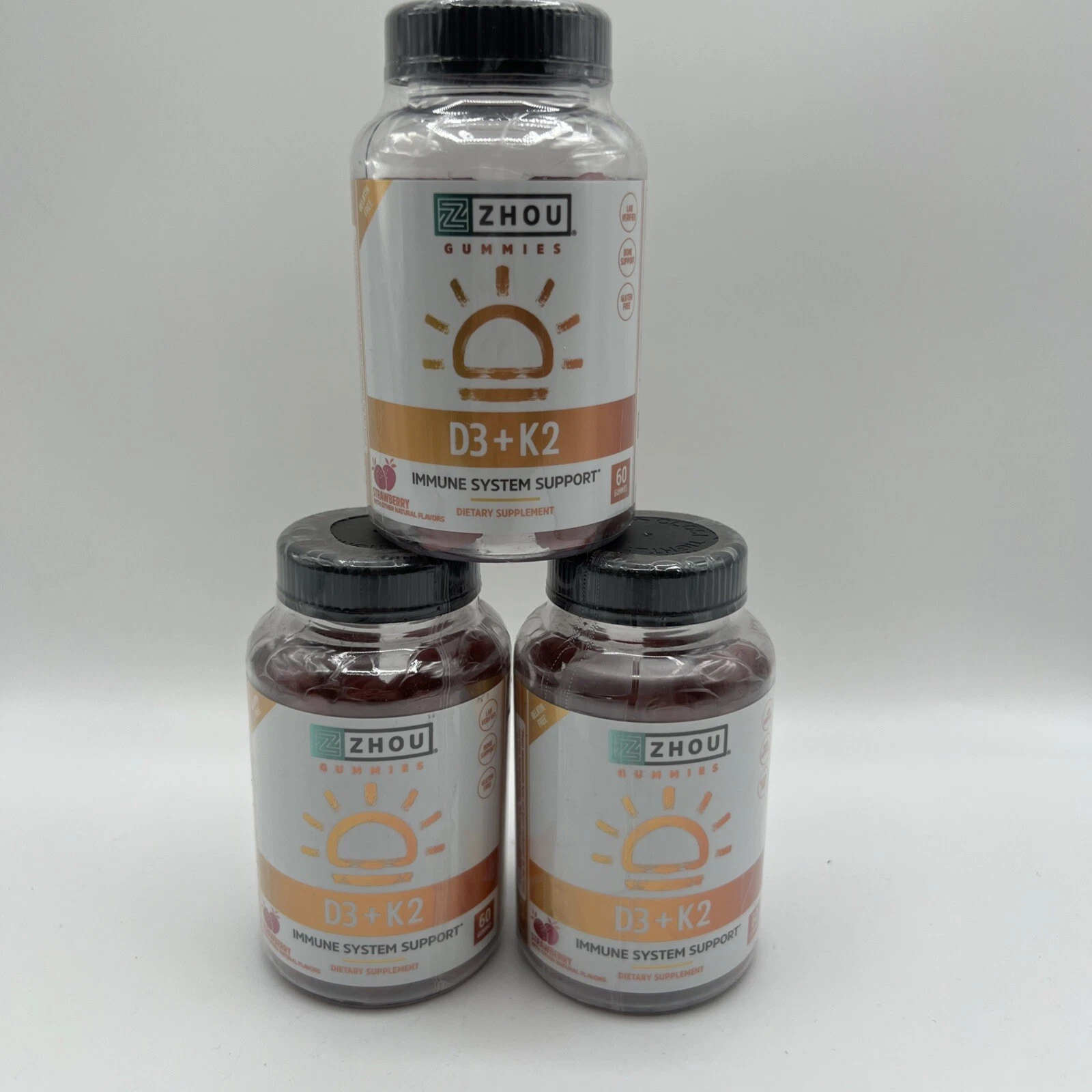 Zhou Vitamin D3 K2 Gummies Immune Health + Mood Support 60 Gummy Strawberry 3PK