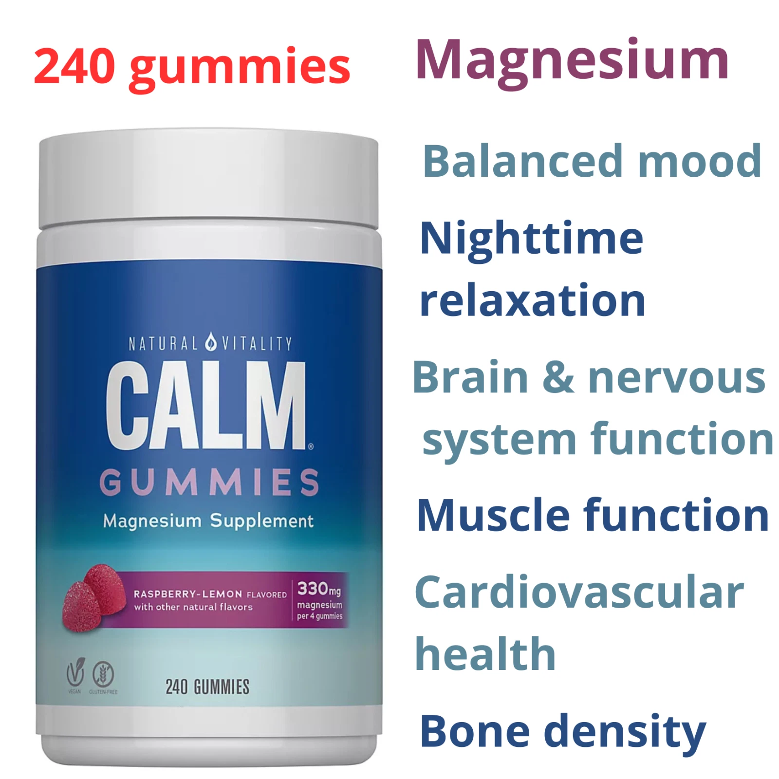 Natural Vitality Calm Magnesium Supplement Raspberry Lemon Anti-Stress 240 Gum-s