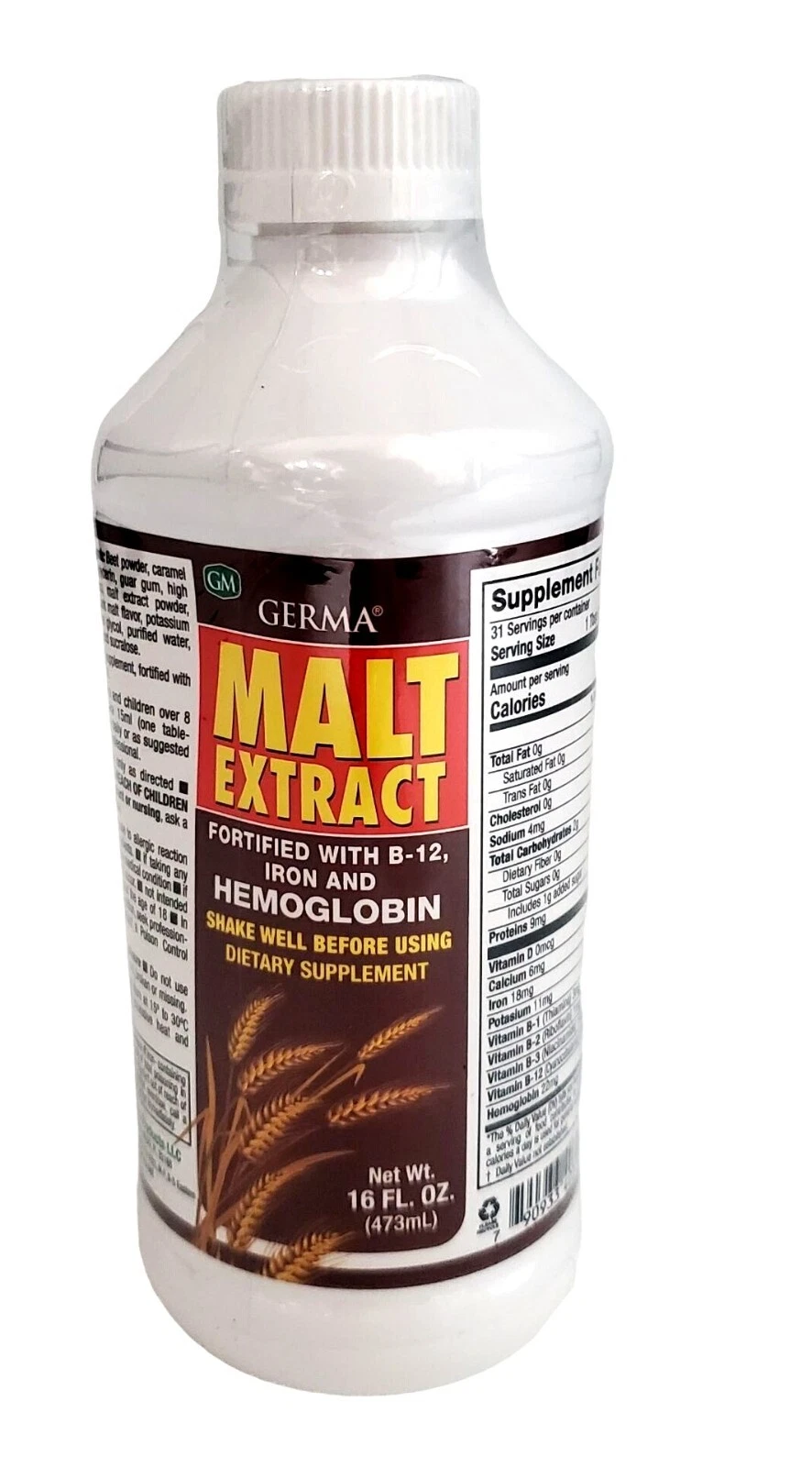 Germa Malt Extract Fortified with B-12 Iron and Hemoglobin Liquid 16oz bottle