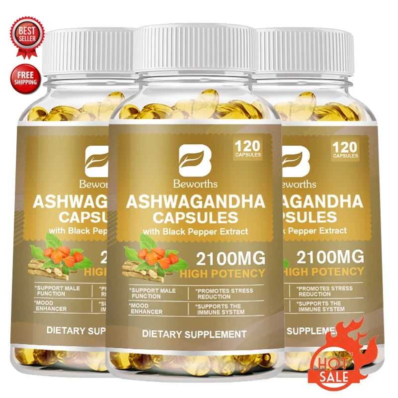 Organic Ashwagandha Capsules 2100mg Supplement w/ Black Pepper Root Powder