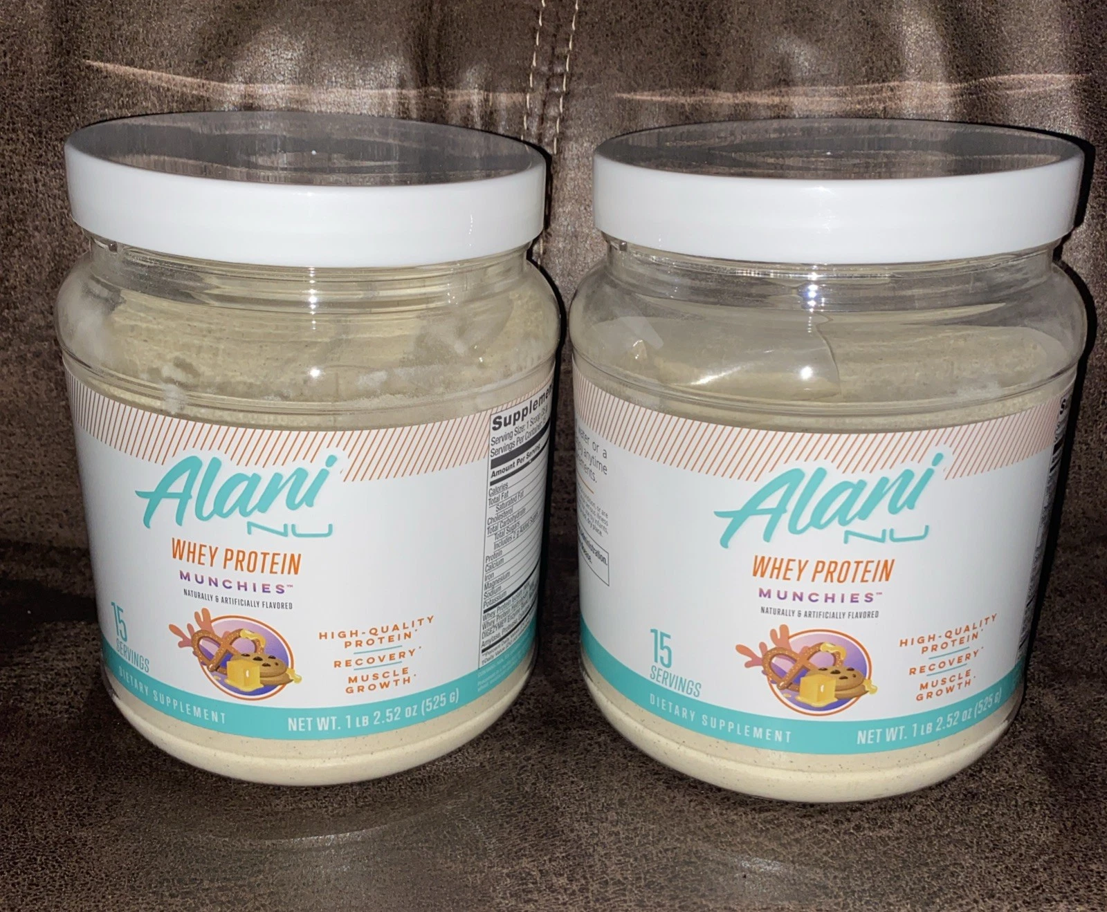 (2)Alani Nu Whey Protein Powder, Munchies, 15.78oz, 447g, 15 Servings. Exp 11/25