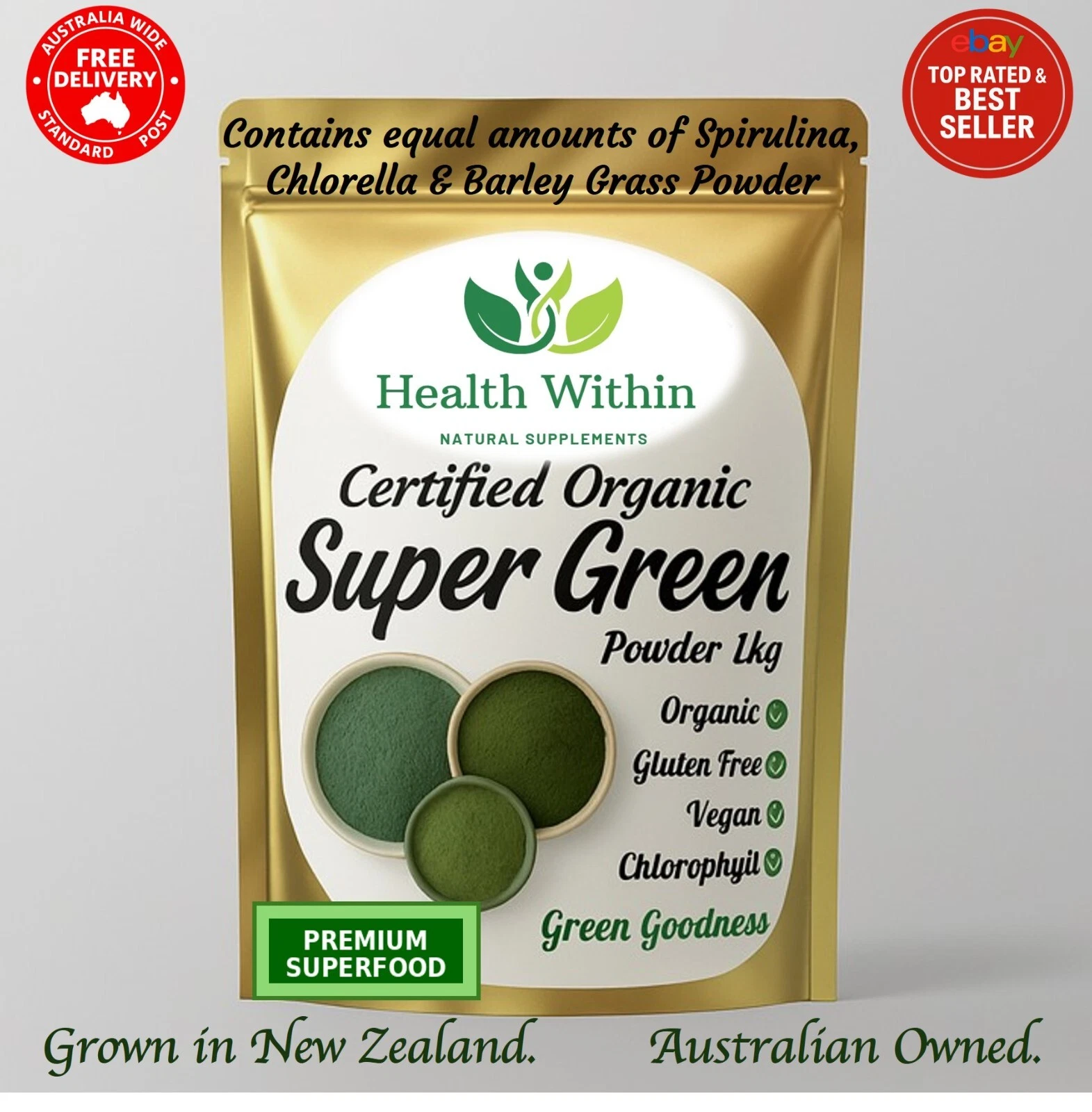 Premium Super Green Powder Spirulina Barley Chlorella 1kg Grown New Zealand