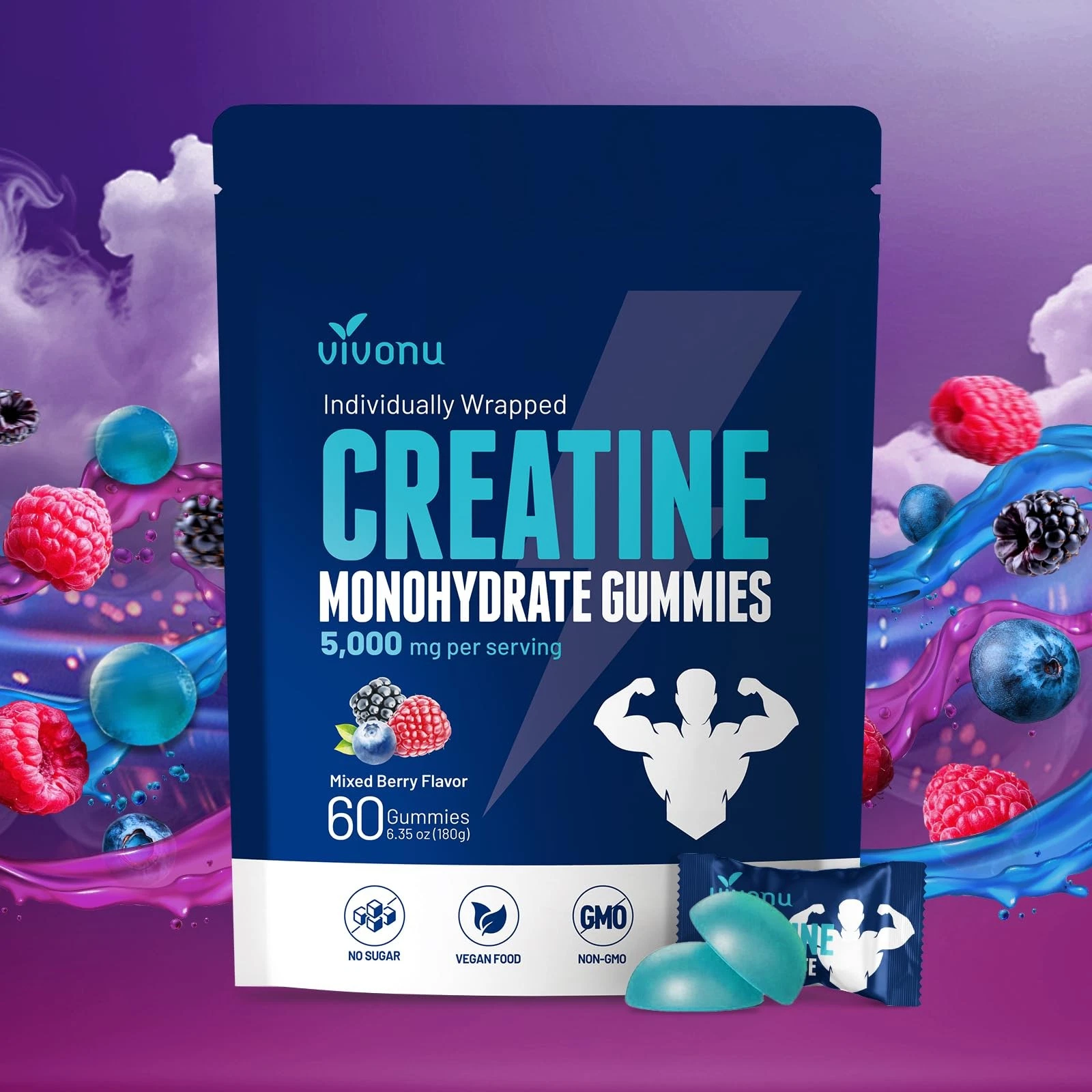 Creatine Gummies - 5000mg Creatine Monohydrate Per Serving | Mixed Berry Flavors