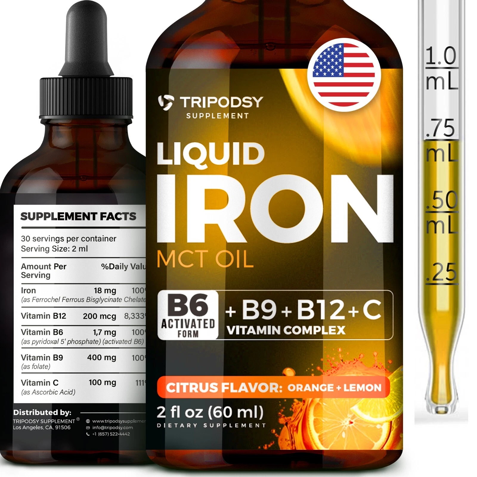 Liquid Iron Supplement for Women and Men, Iron Drops with Vitamin B6, B9 B12, C