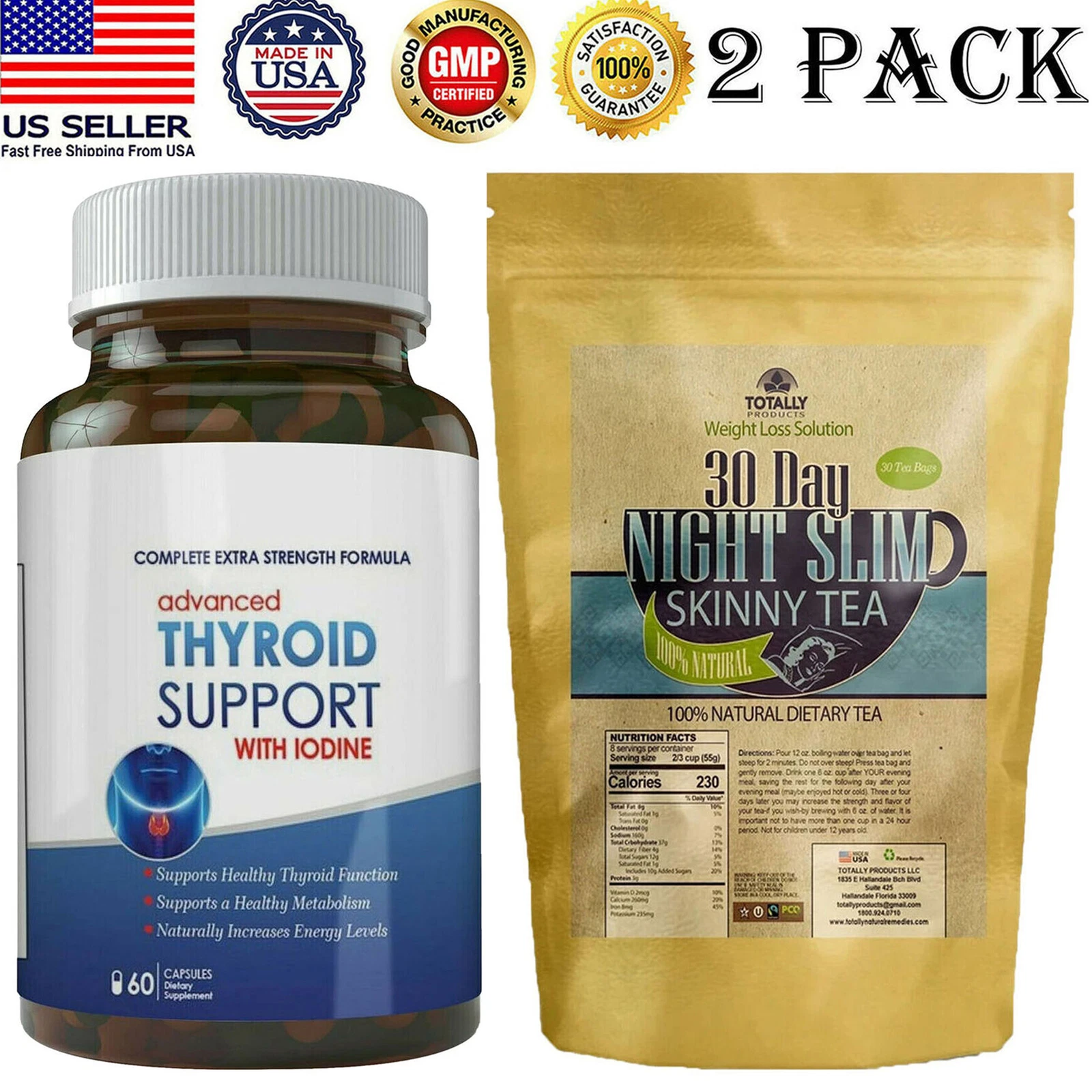 Thyroid Support Iodine Supplements 30 Day Night Slim Skinny Weight Loss Tea Bags