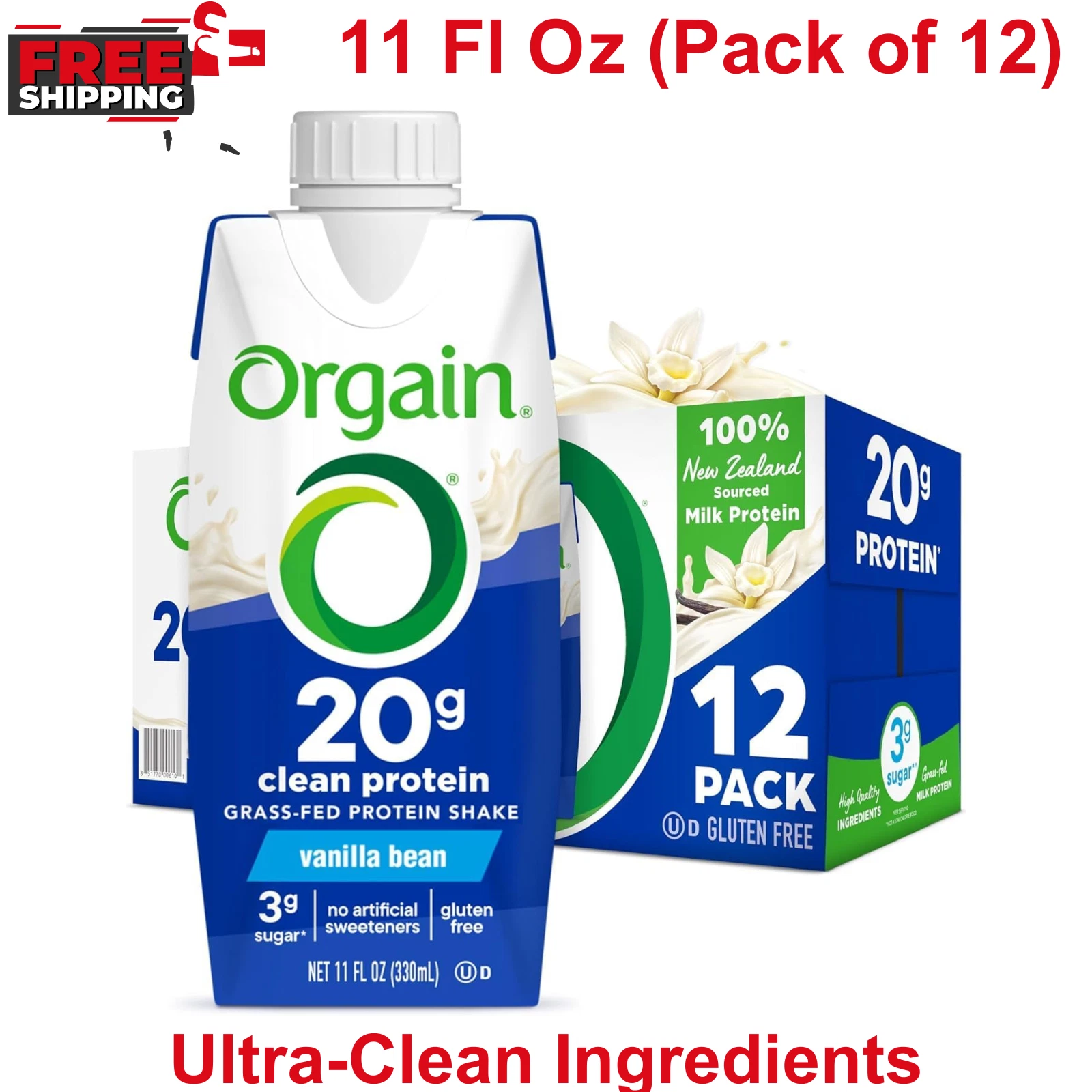 Clean Protein Shake Grass Fed Dairy Vanilla Bean 20g Whey High Protein 12 Pack