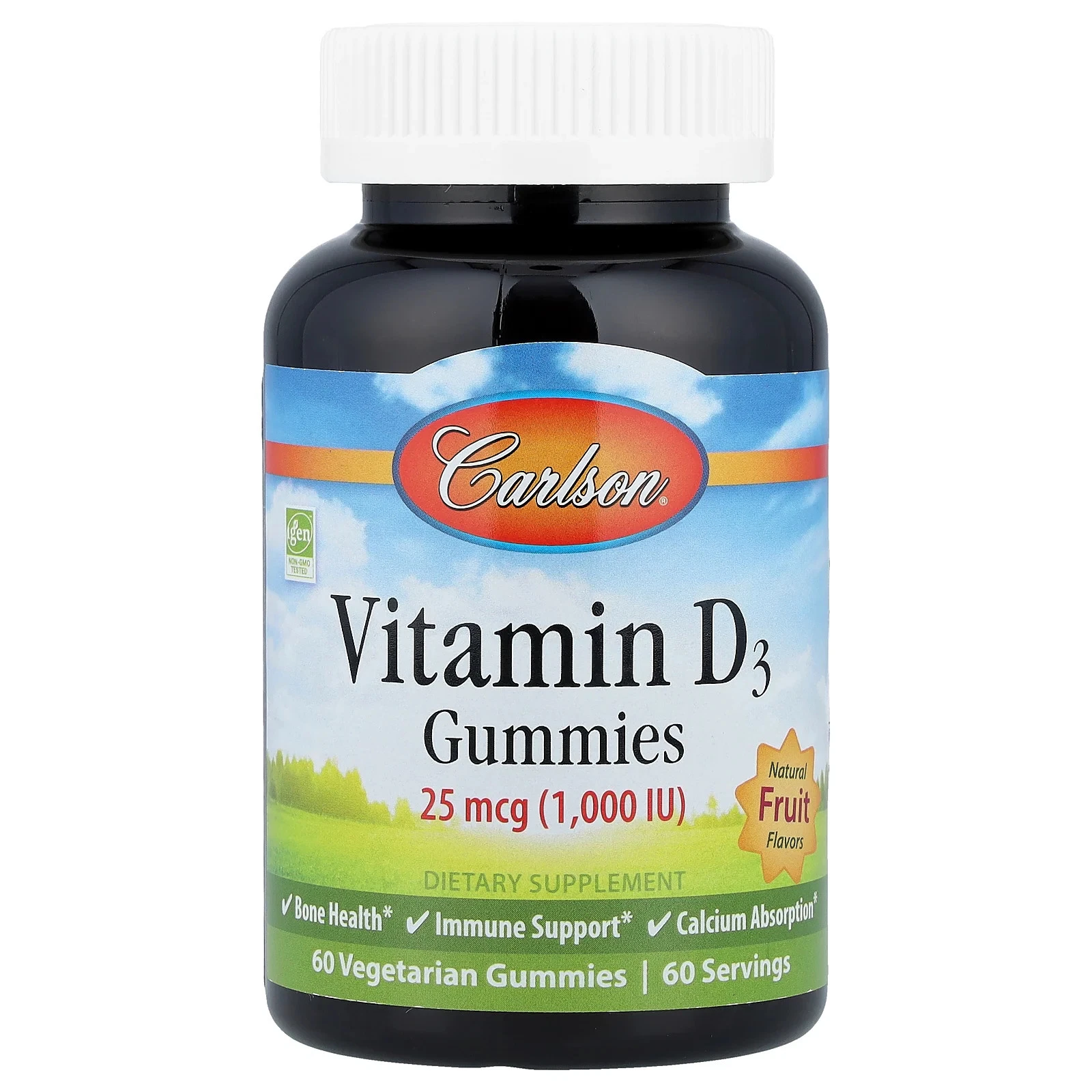 Vitamin D3 Gummies, Natural Fruit, 25 mcg (1,000 IU), 60 Vegetarian Gummies
