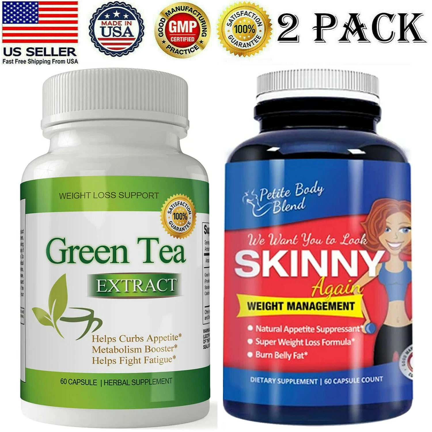 Green Tea Extract Weight Loss Pills Skinny Again Fat Burner Diet Capsules 2pk