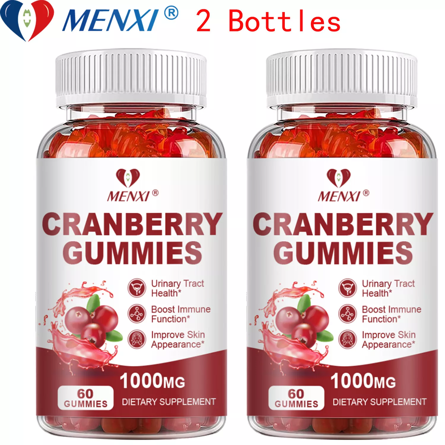 Gomitas de arándano para la salud del tracto urinario - 1000 mg triple fuerza 2 botellas