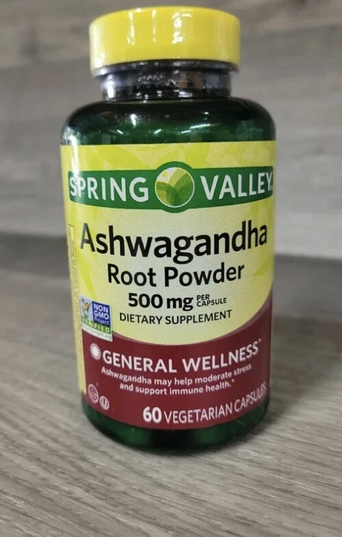 Spring Valley Ashwagandha Root Powder 500mg ~ 60 Vegetarian Capsules Exp 05/2026