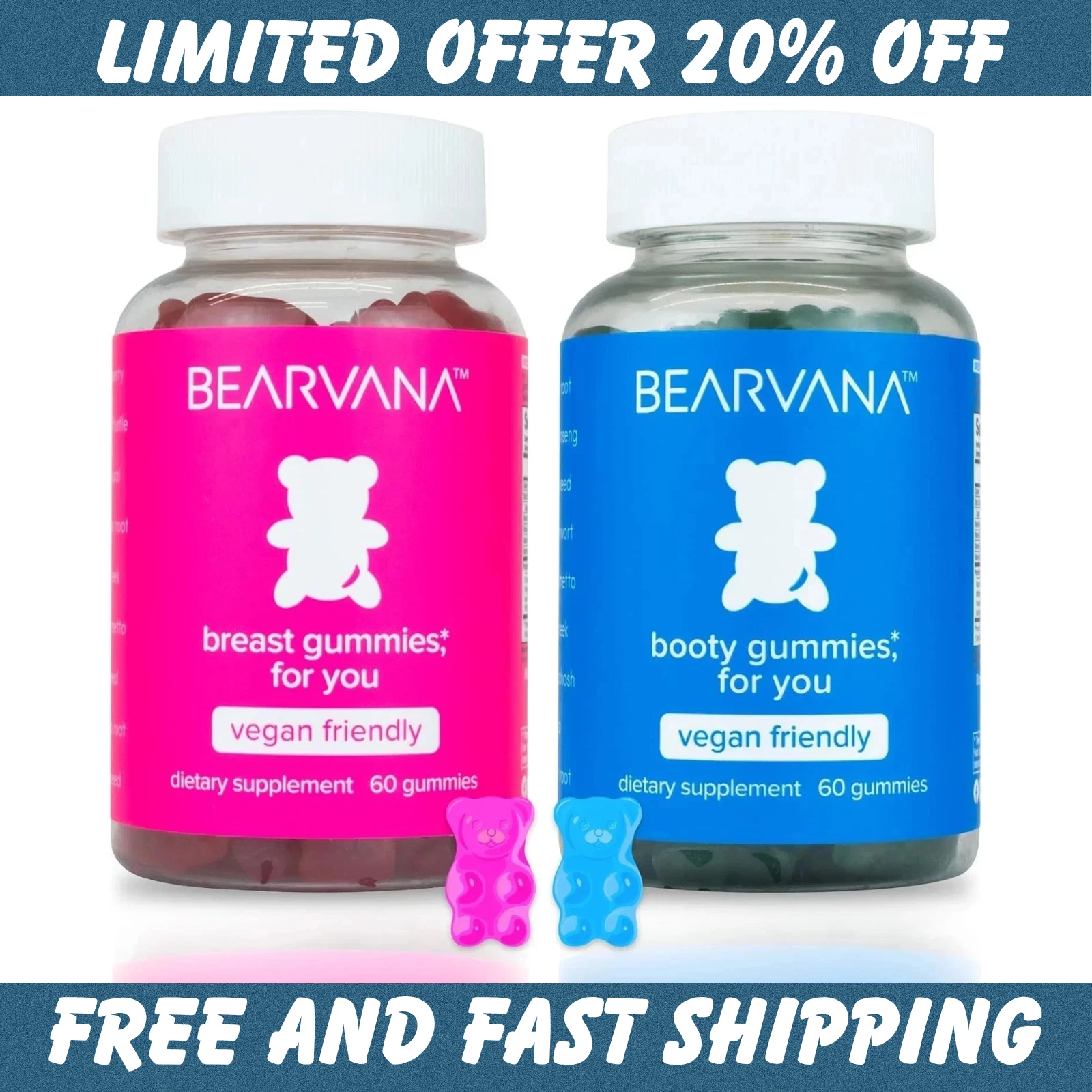 BEARVANA Gummies Top Support & Peach Gains 60 Gummies Each Combo 2 Pack NEW!