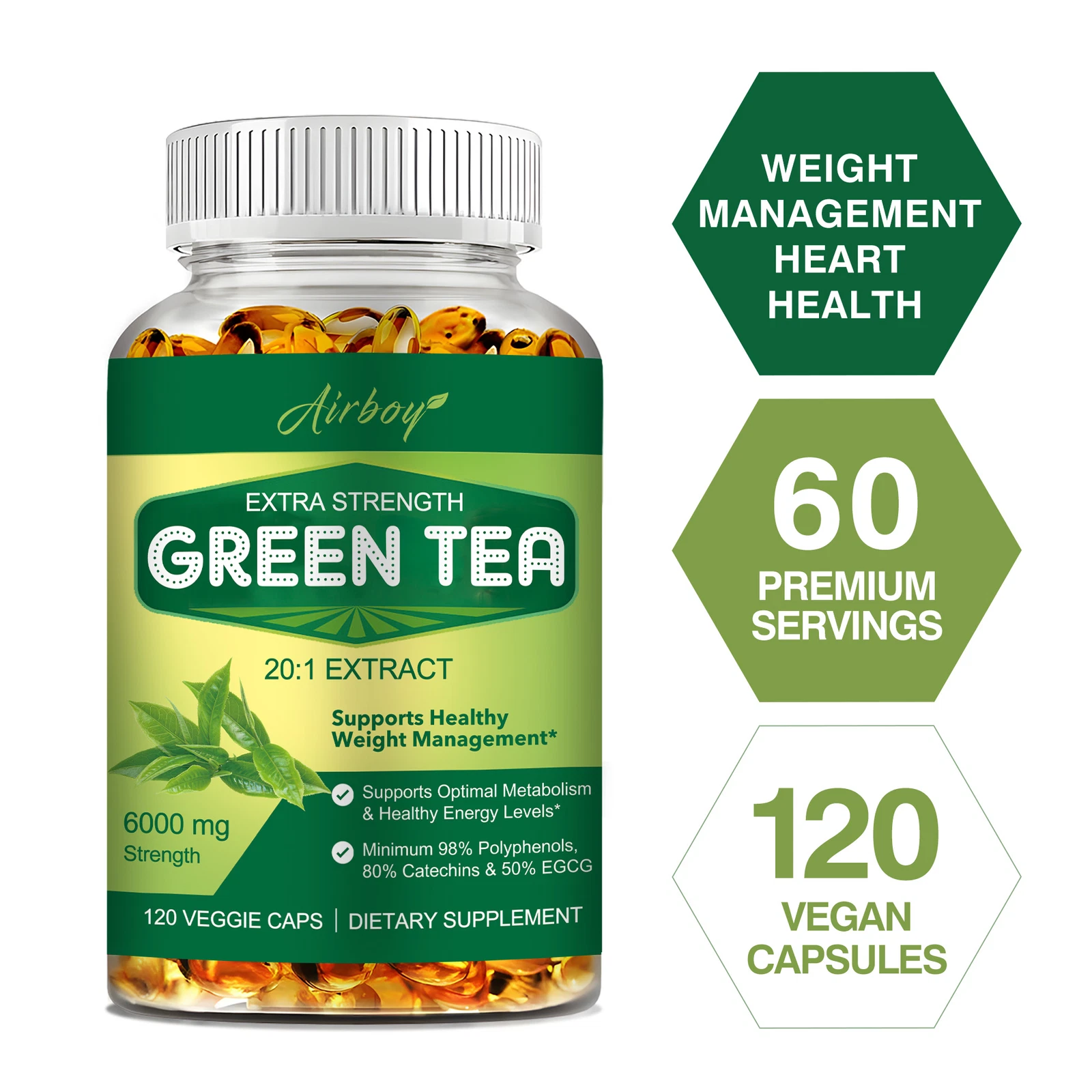 Green Tea 20:1 Extract Capsules- Weight Loss Slimming Fat Burner, Immune Support