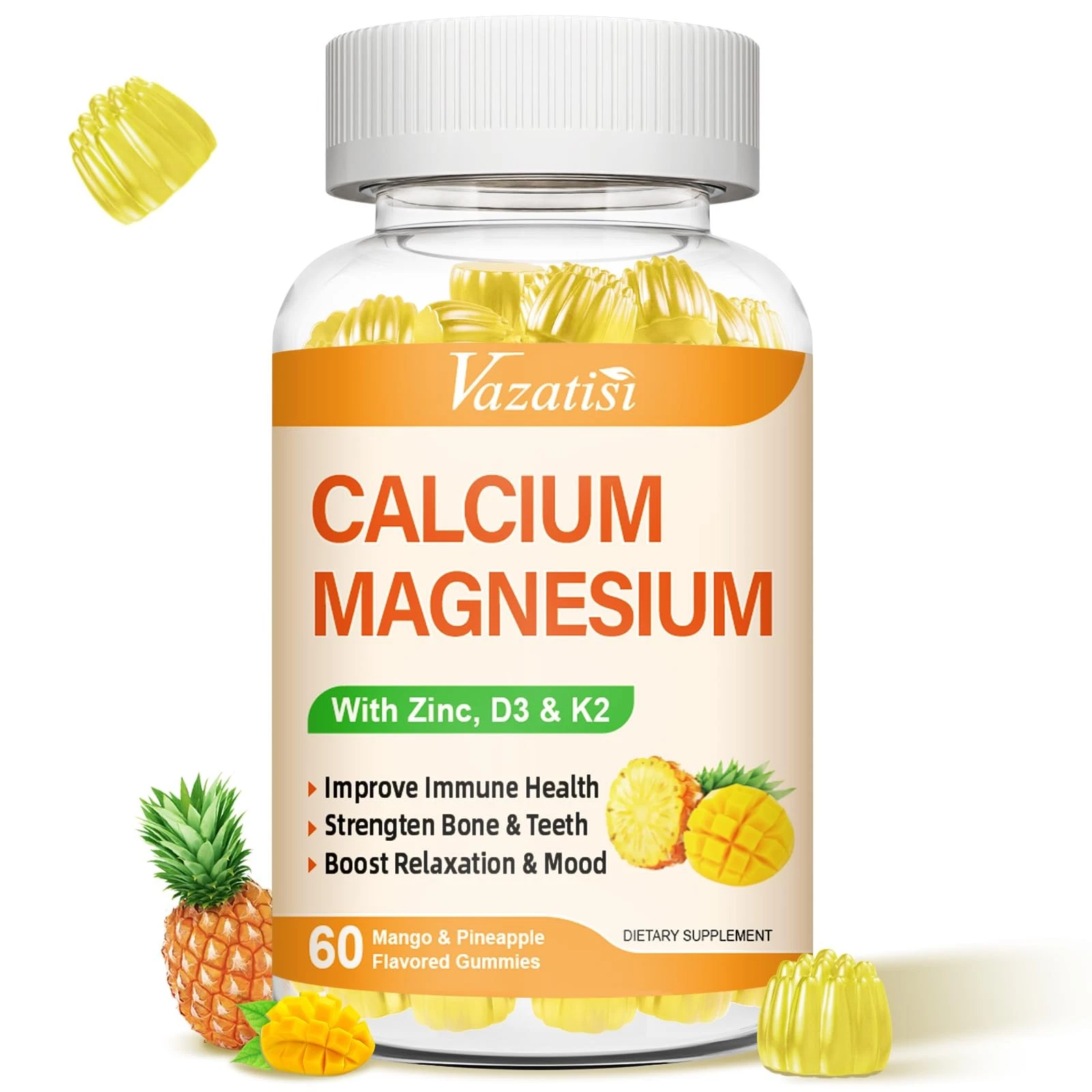 Calcium Magnesium Zinc Gummies with Vitamin D3 and K2, High Absorption Magnes...