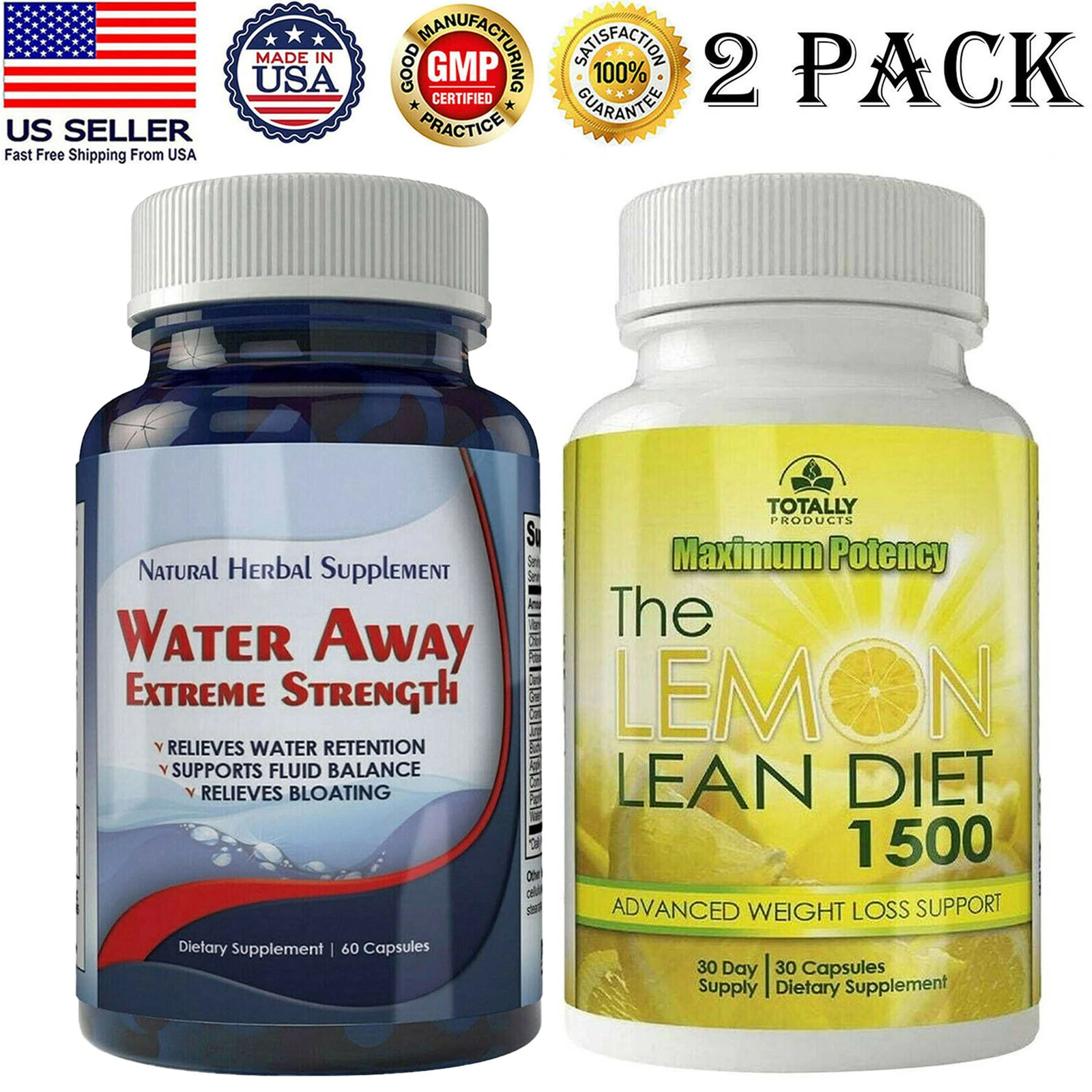 Diuretic Water Away 700mg Pills Lemon Lean Diet 1500mg Weight Loss Caps 2 Pack