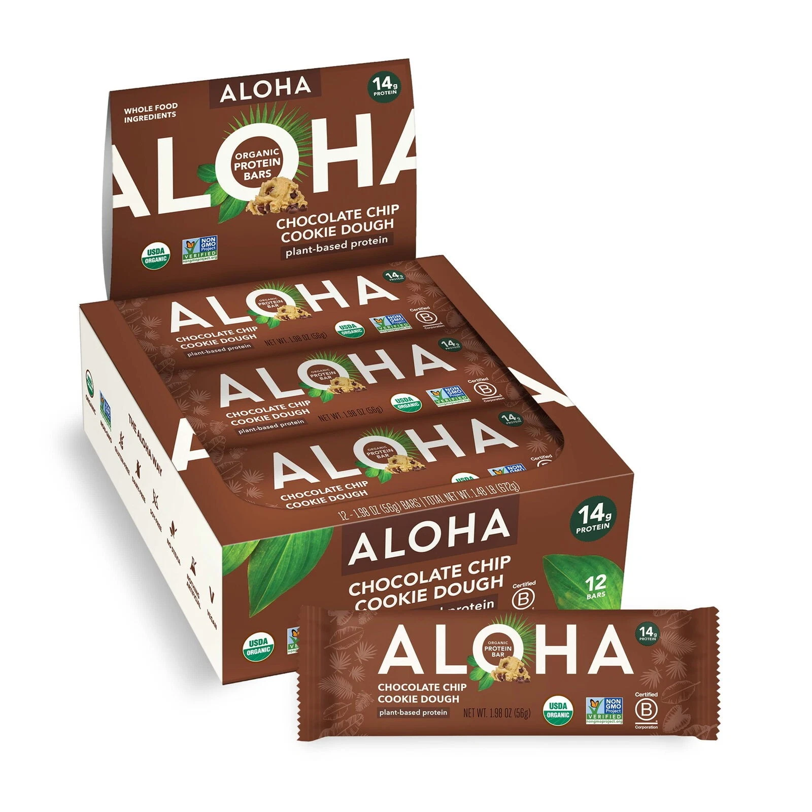 ALOHA Energy Bars Organic Chocolate Chip Cookie Dough, Protein Bars - 12 Pack