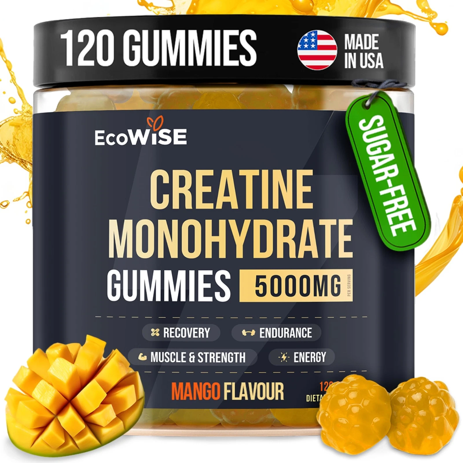 EcoWise Wellness Creatine Monohydrate Gummies 5000 mg Mango Flavor 120 Sugar