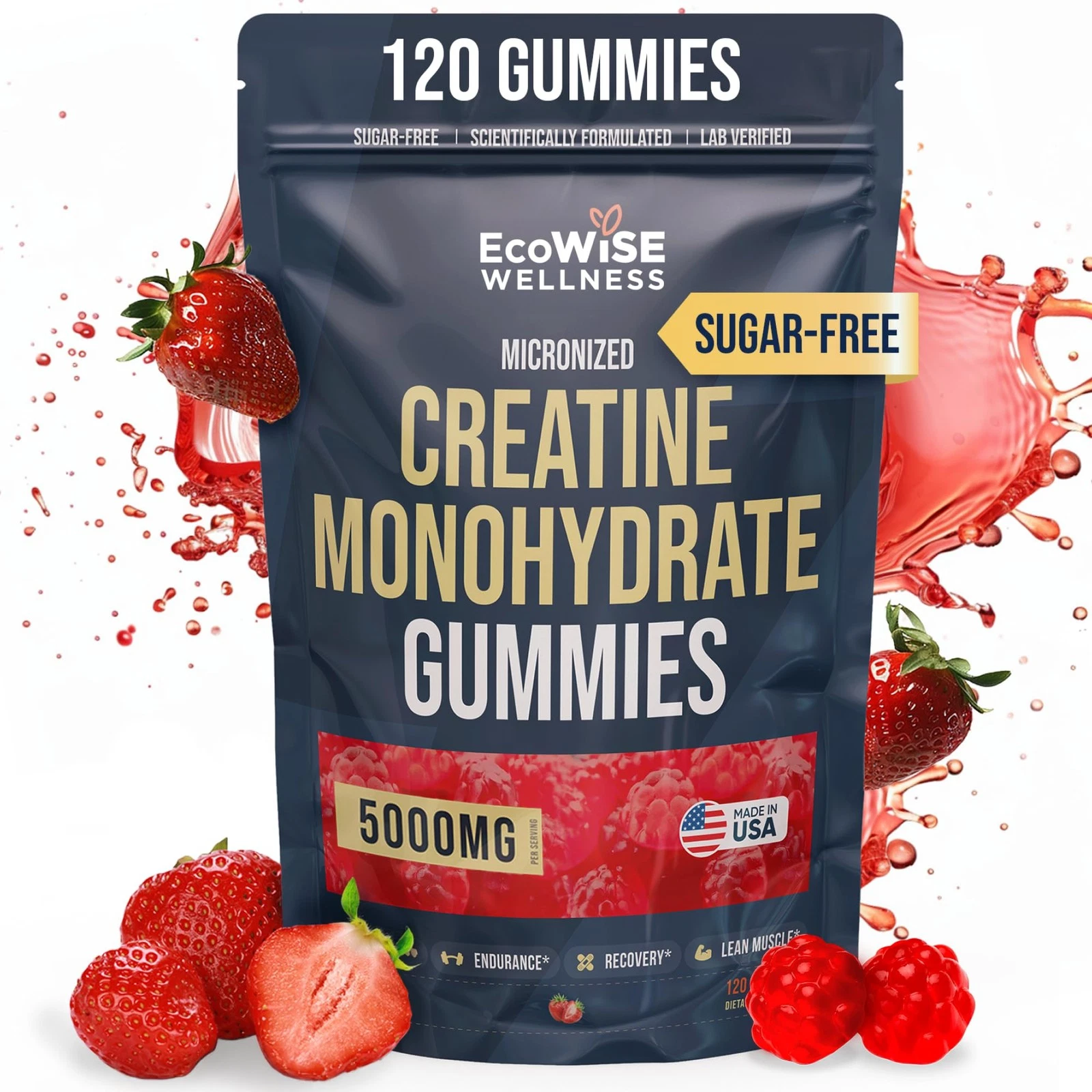 Creatine Monohydrate Gummies 5000 mg, Strawberry Flavor, 120 Sugar-Free Vegan...